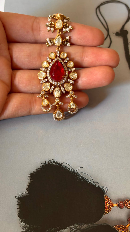 Ruby doublet peeli polki Moissanite maangtika