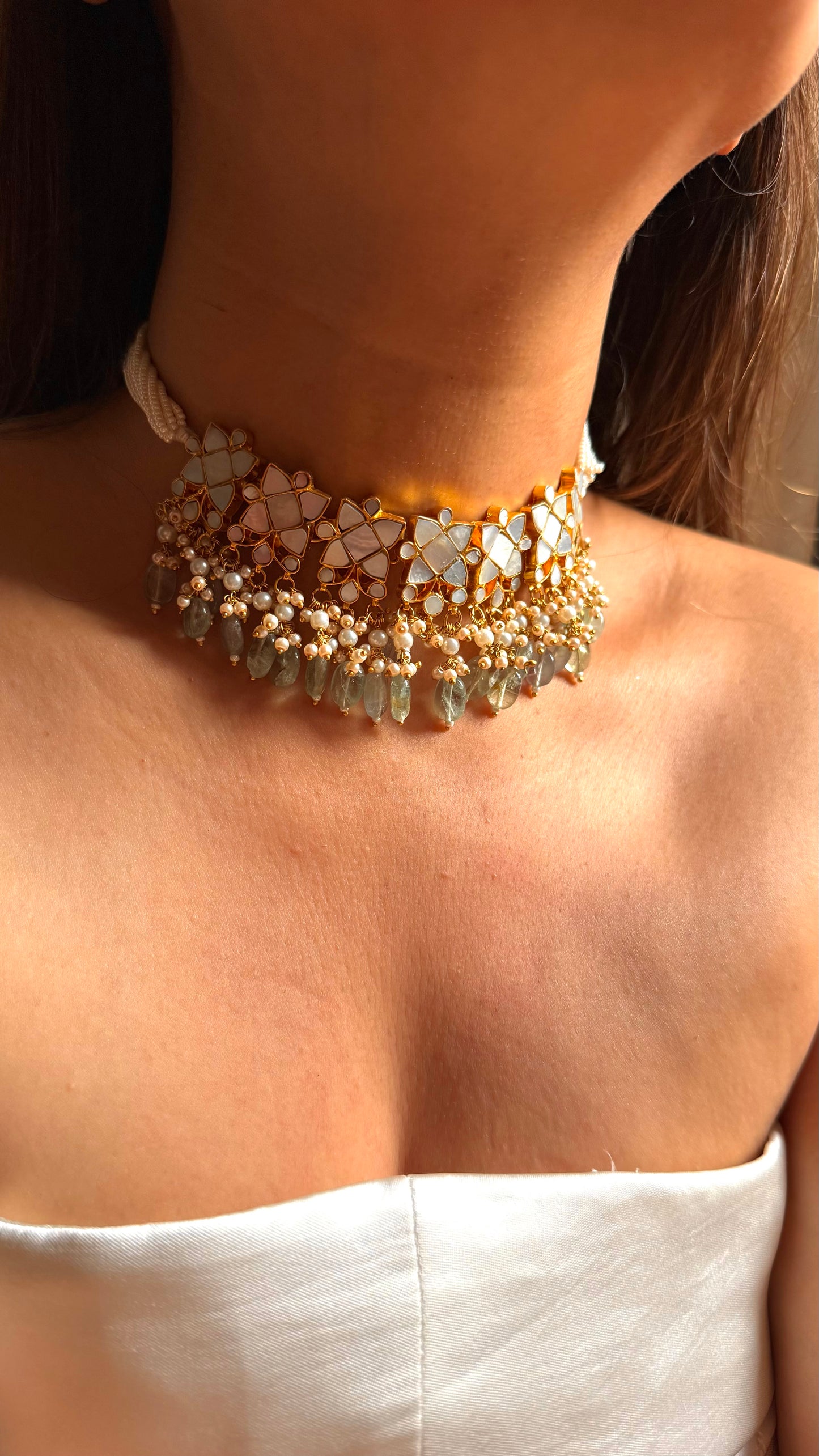 Mother of pearls floral with mint drops rajwada choker set