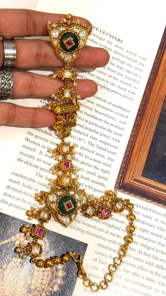 Floral nakshi emerald & rani pink inlay hathphool
