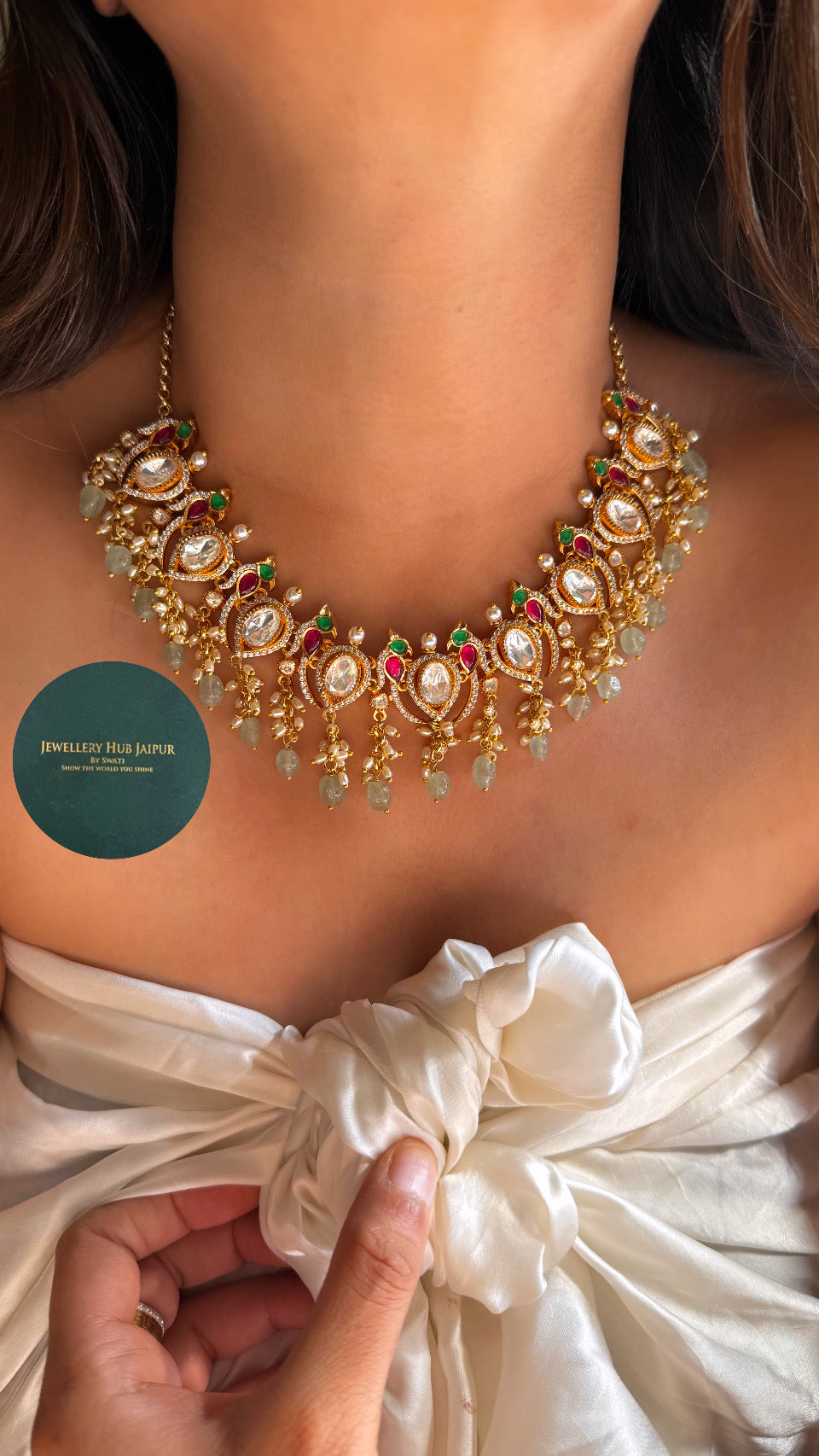 Real moissanite panna & rani pink ruby peacock inspired necklace with strawberry drops