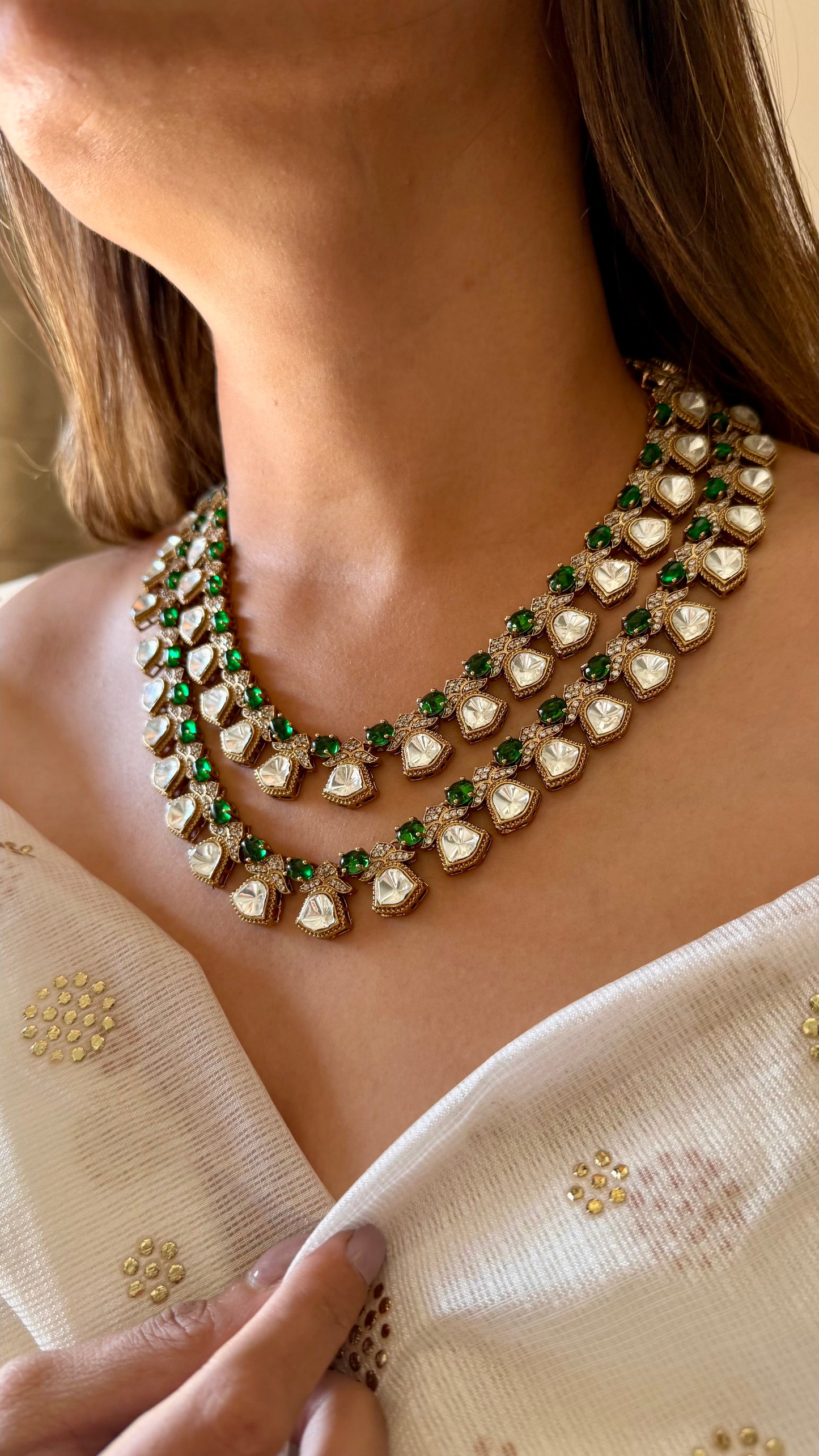 Emerald dual layered moissanite necklace