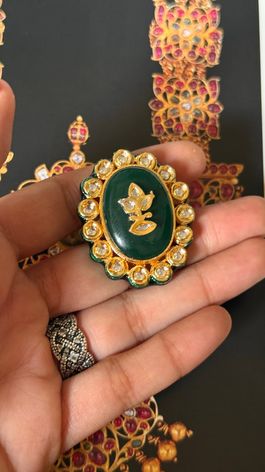 Emerald inlay & meenakari paachi adjustable ring