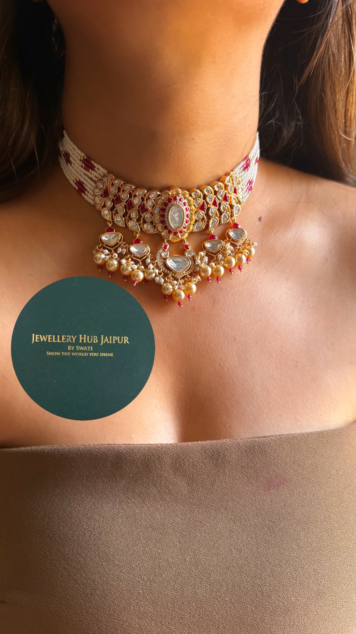 Heritage ruby moissanite with pearl drop choker set