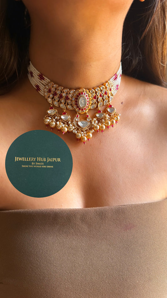 Heritage ruby moissanite with pearl drop choker set