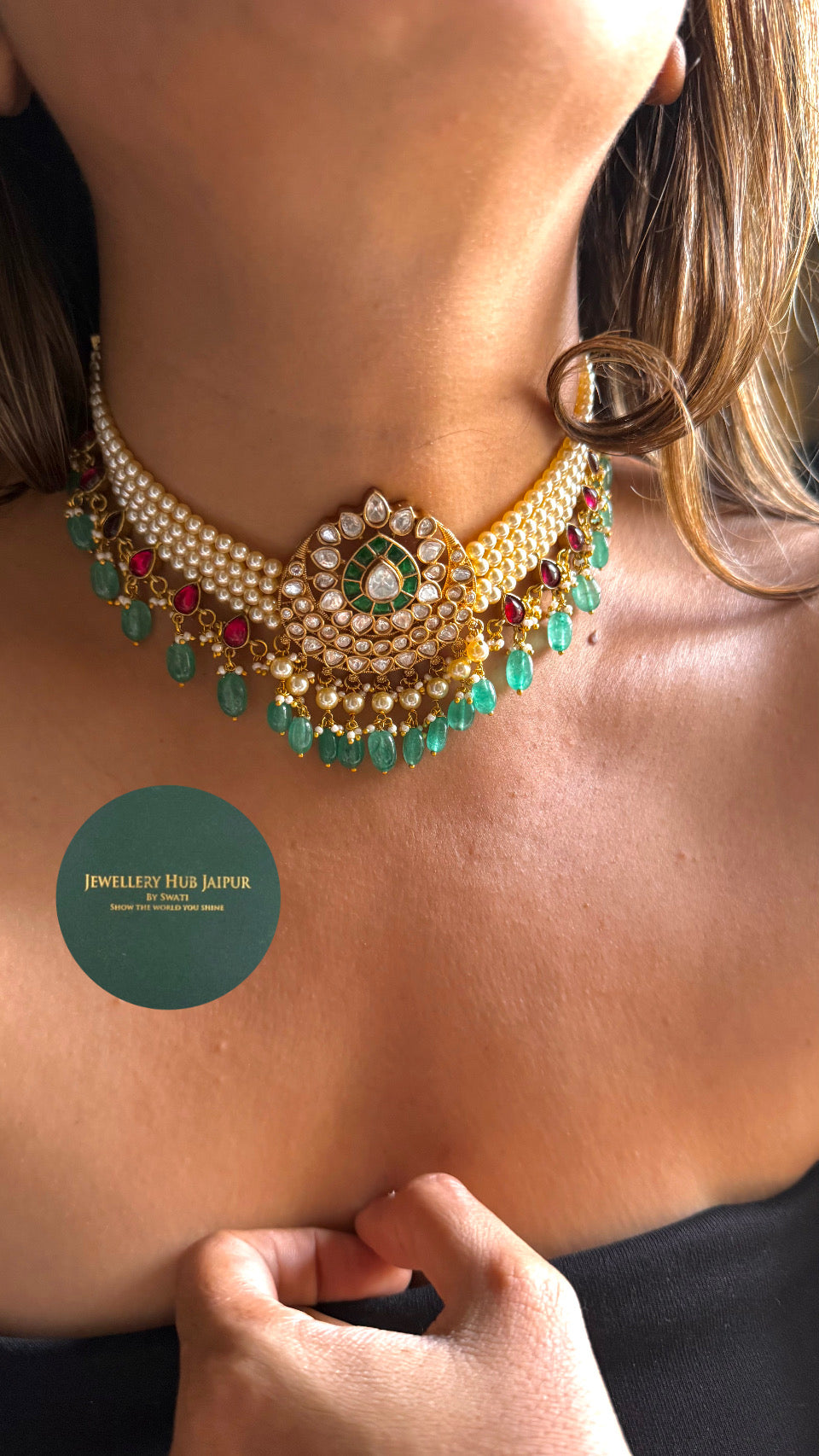 Paachi kundan emerald and rani rajwada necklace set