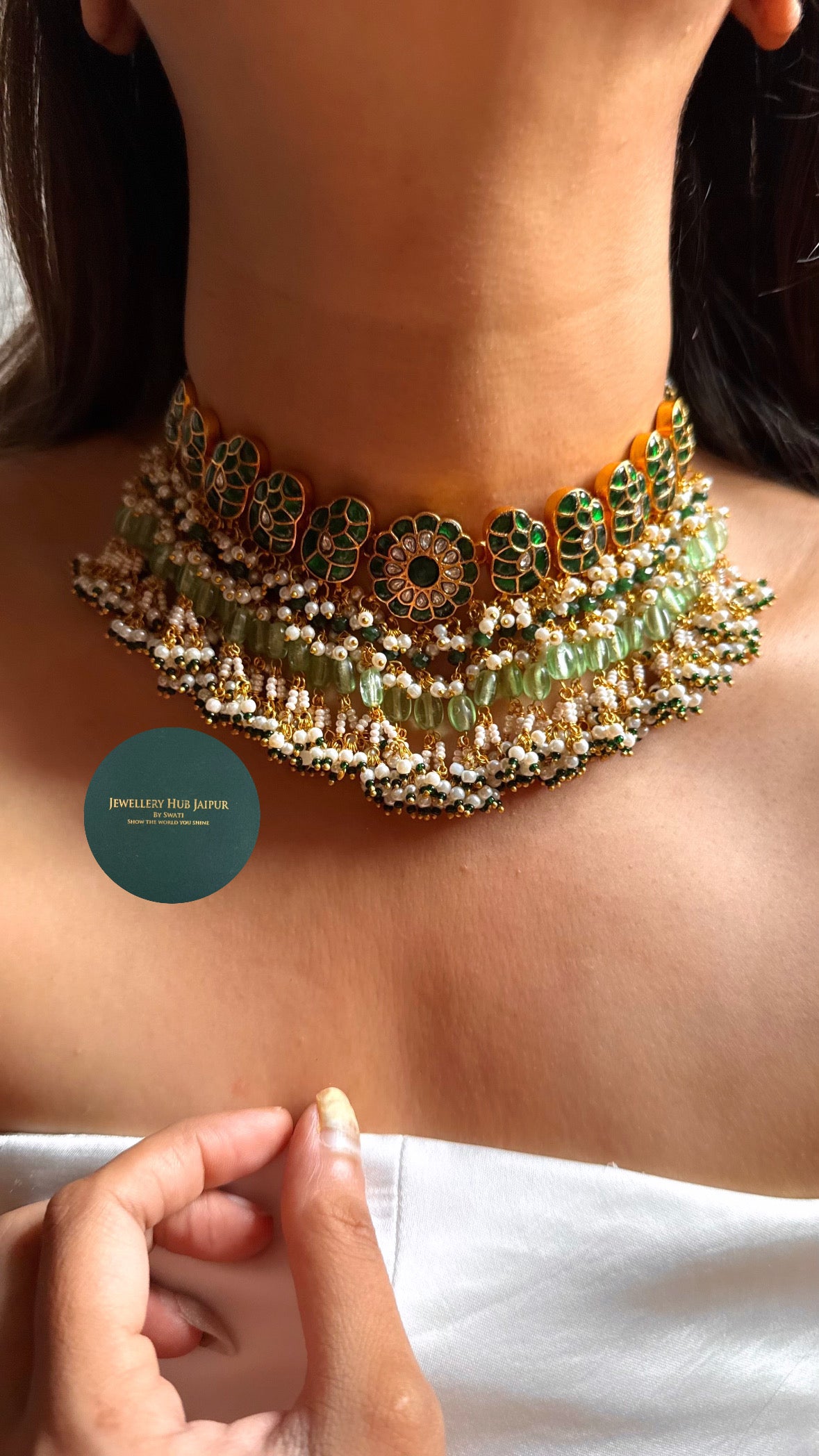 Emerald floral Kundan with mint & pearl drops heritage choker set
