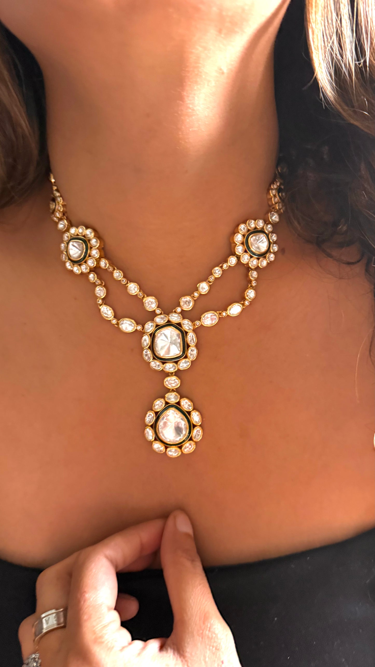 Emerald uncut polki meenakari designer dual line neckalce