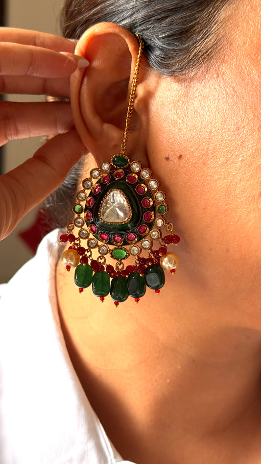 Emerald meenakari & ruby moissanite polki earrings