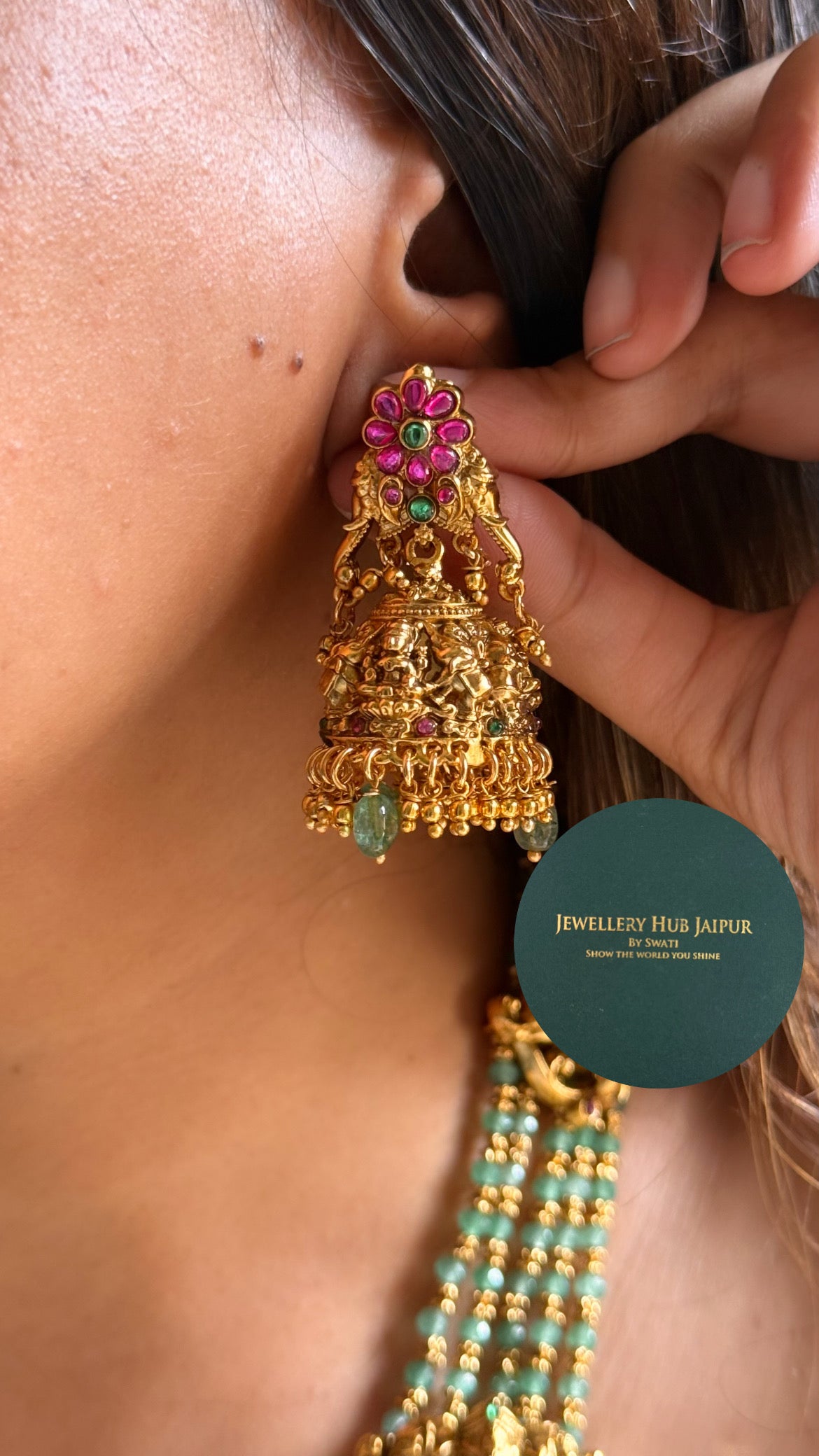 Goddess laxmi emerald & rani pink with mint string & gajj long set