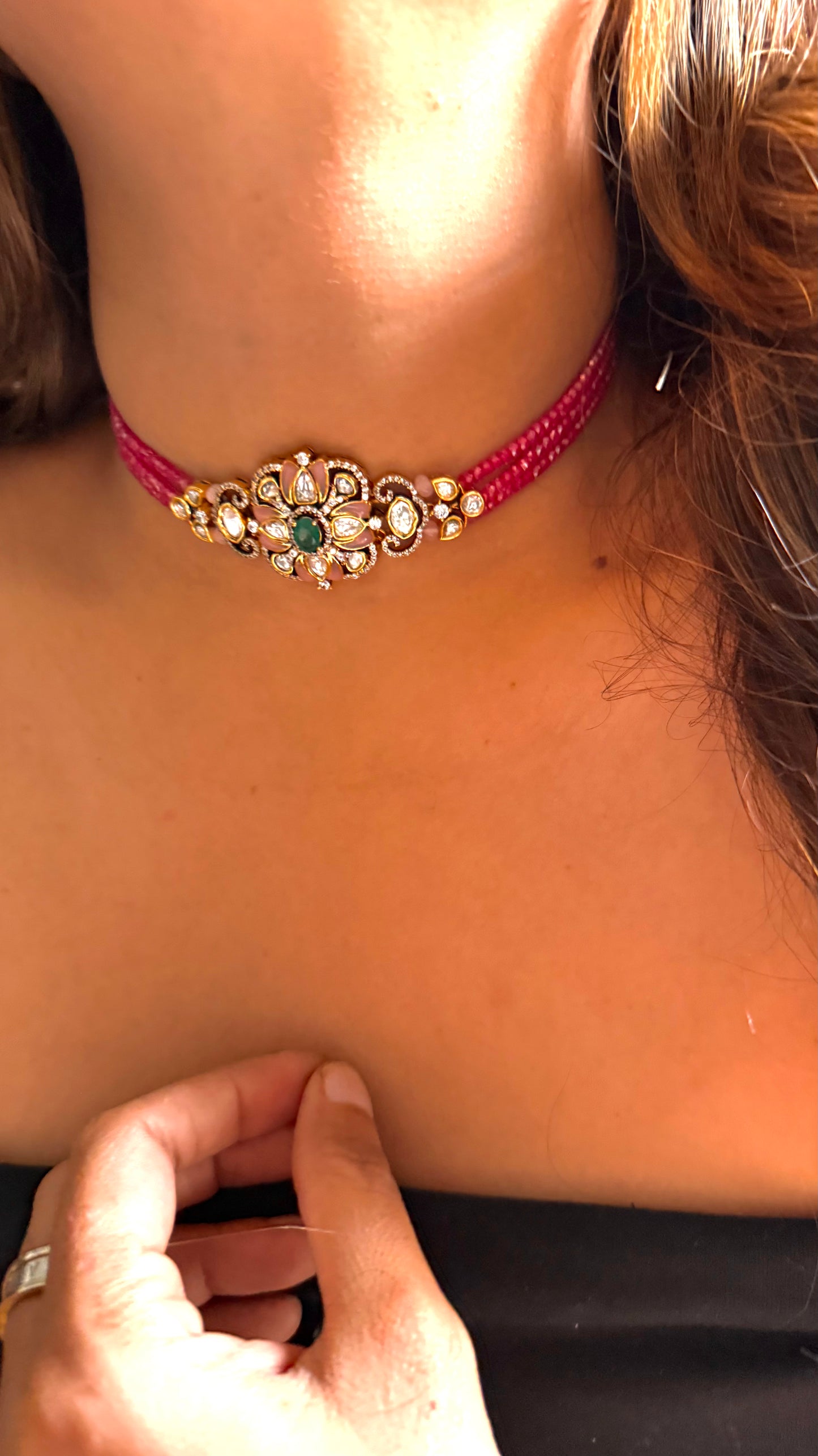 Ruby pink & emerald Moissanite choker