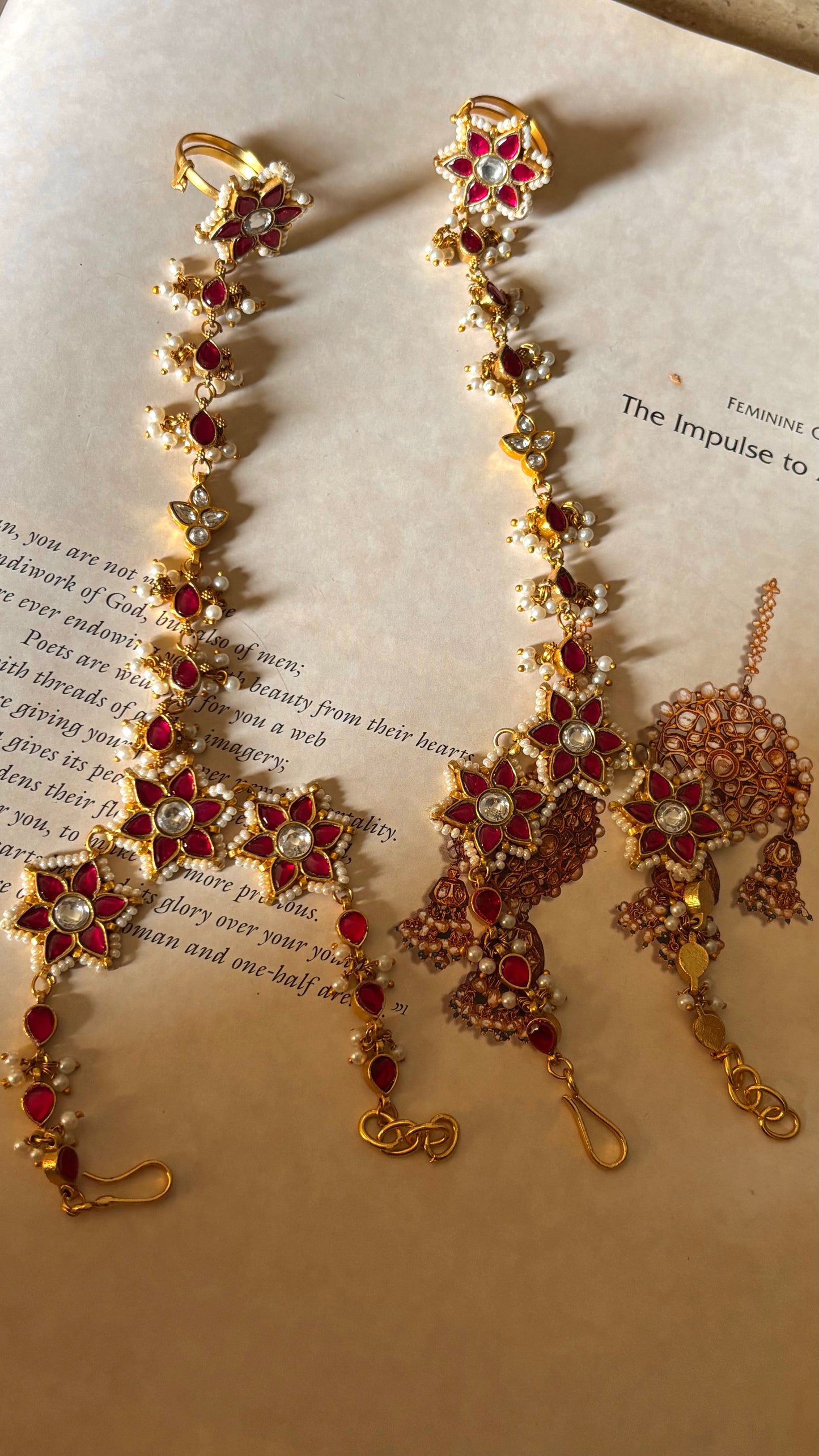 Ruby with floral paachi Kundan Hathphool
