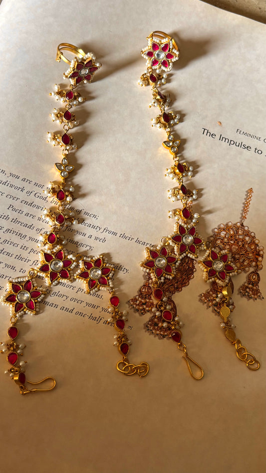 Ruby with floral paachi Kundan Hathphool