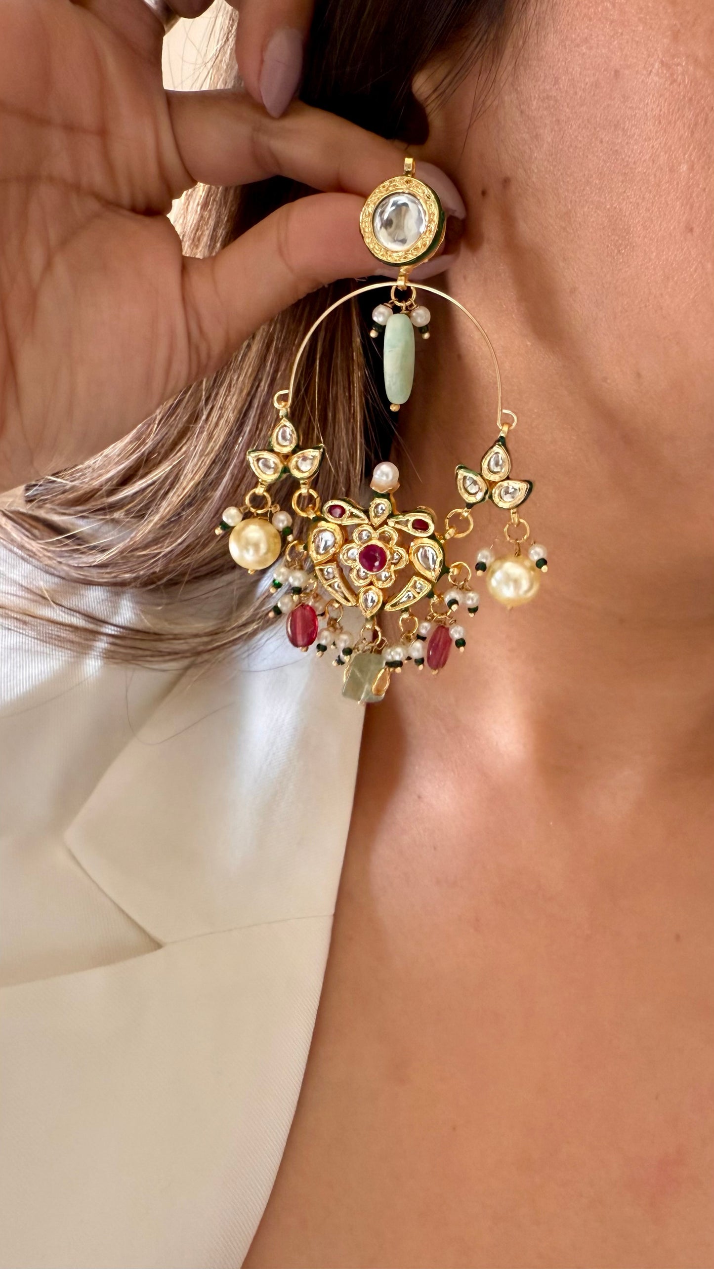 Meenakari ruby drop moissanite polki chandbali