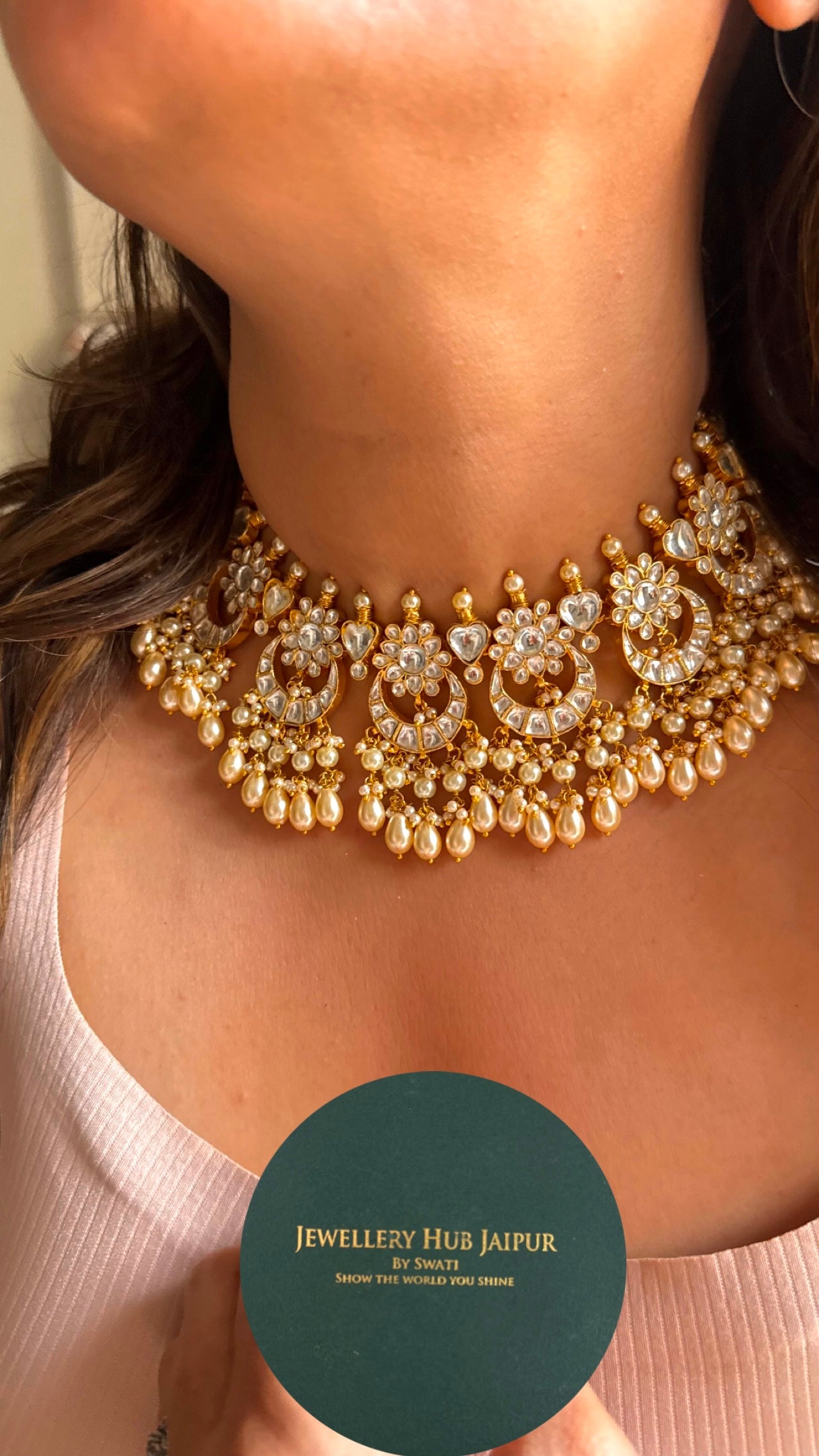 Paachi Kundan jadau half moon shape with tear drop choker necklace