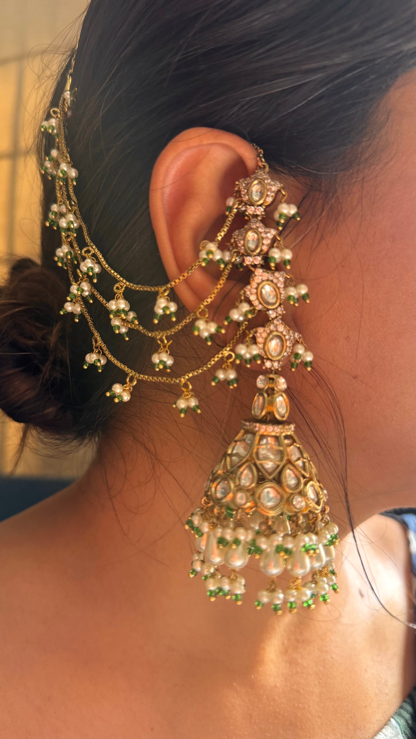 Polki Jhumki pearl detailing with attach kaan chain earrings