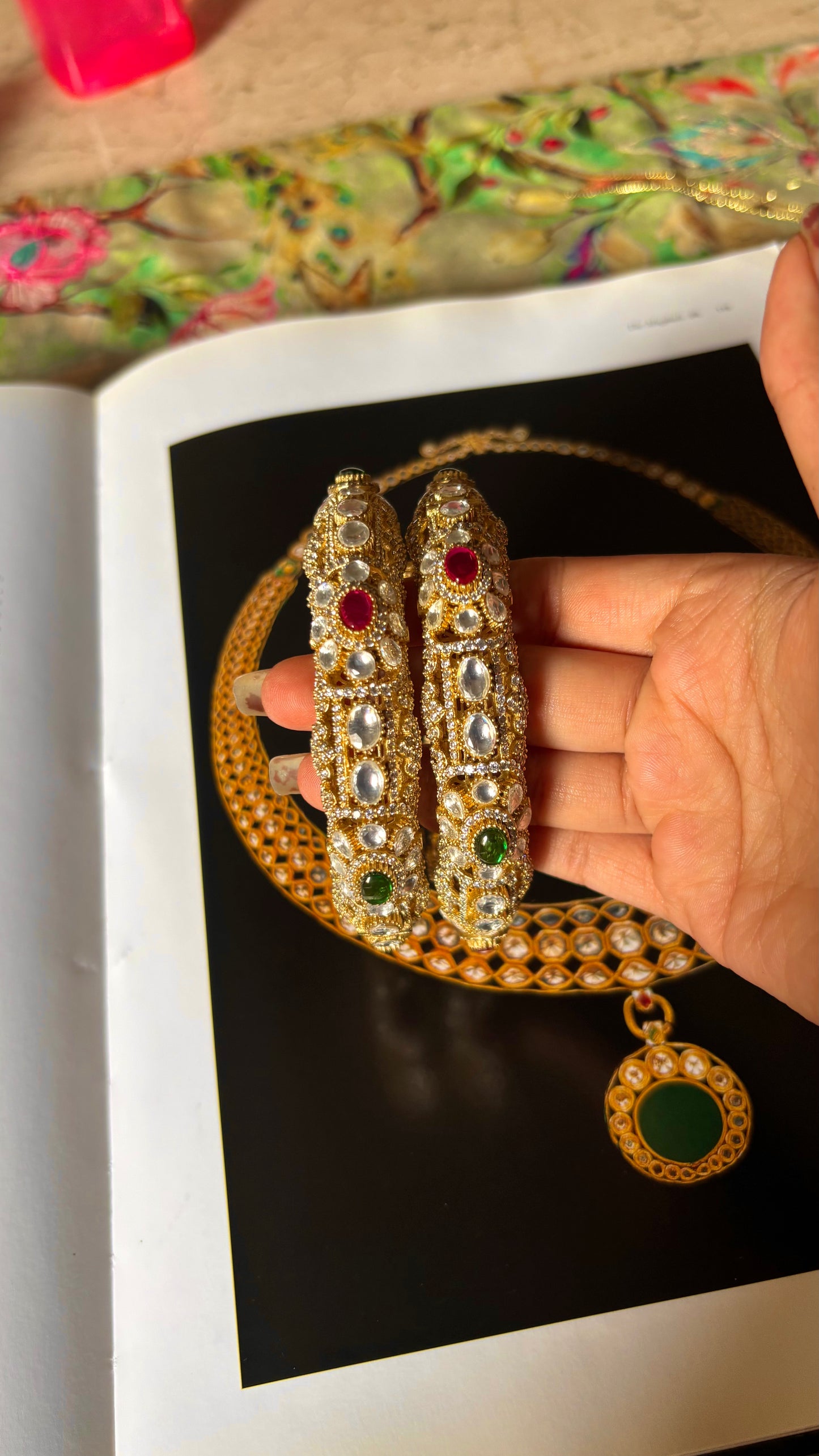 Ruby & emerald real Moissanite polki openable bangles
