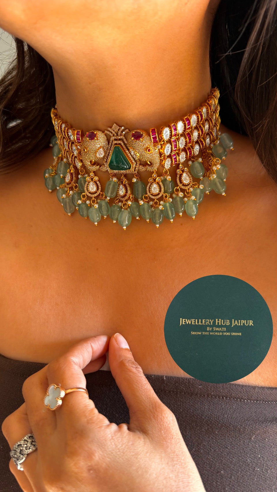 Gajanand emerald doublet and rani pink choker