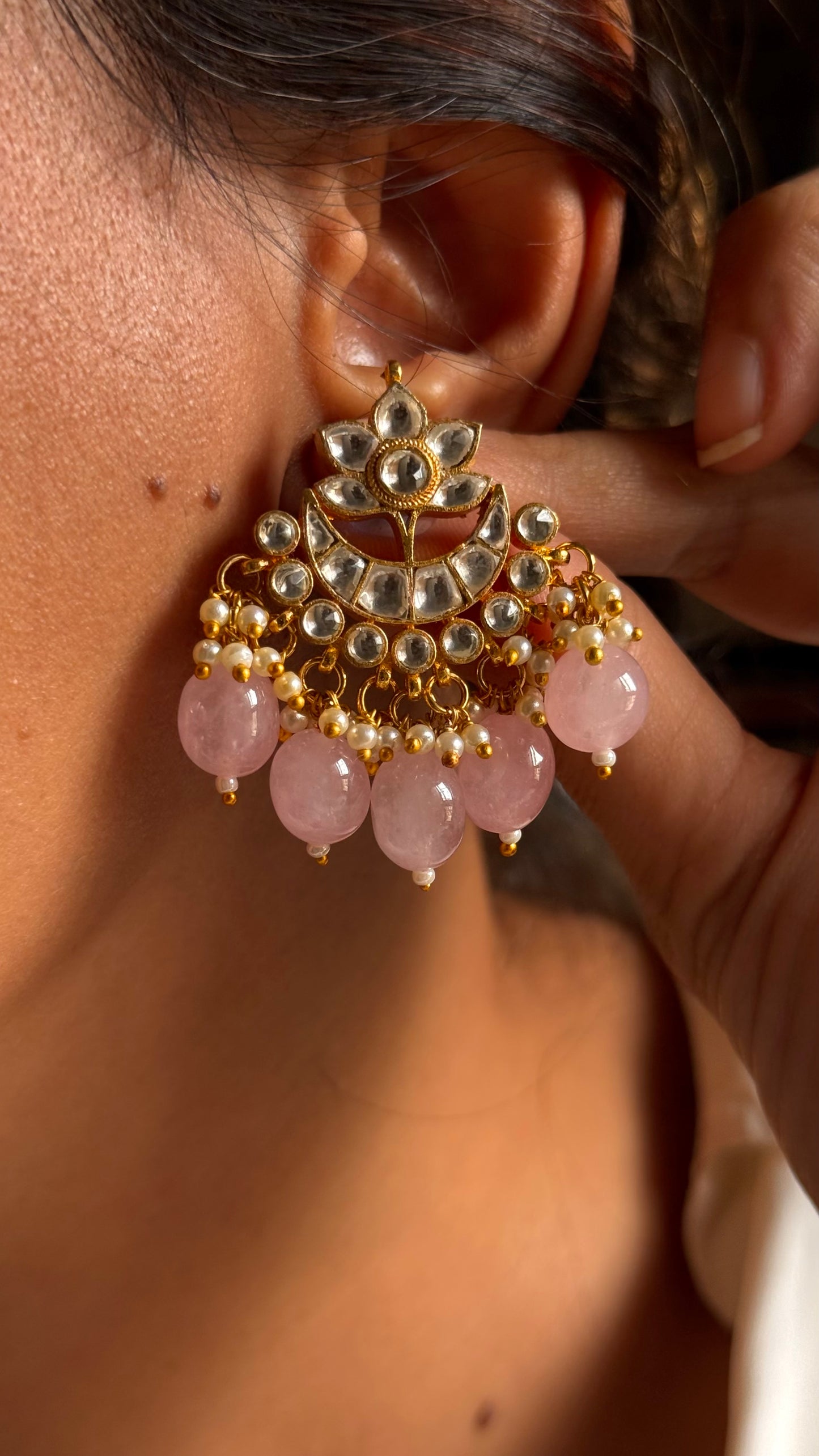 10 layered paachi Kundan rose quartz strawberry Necklace