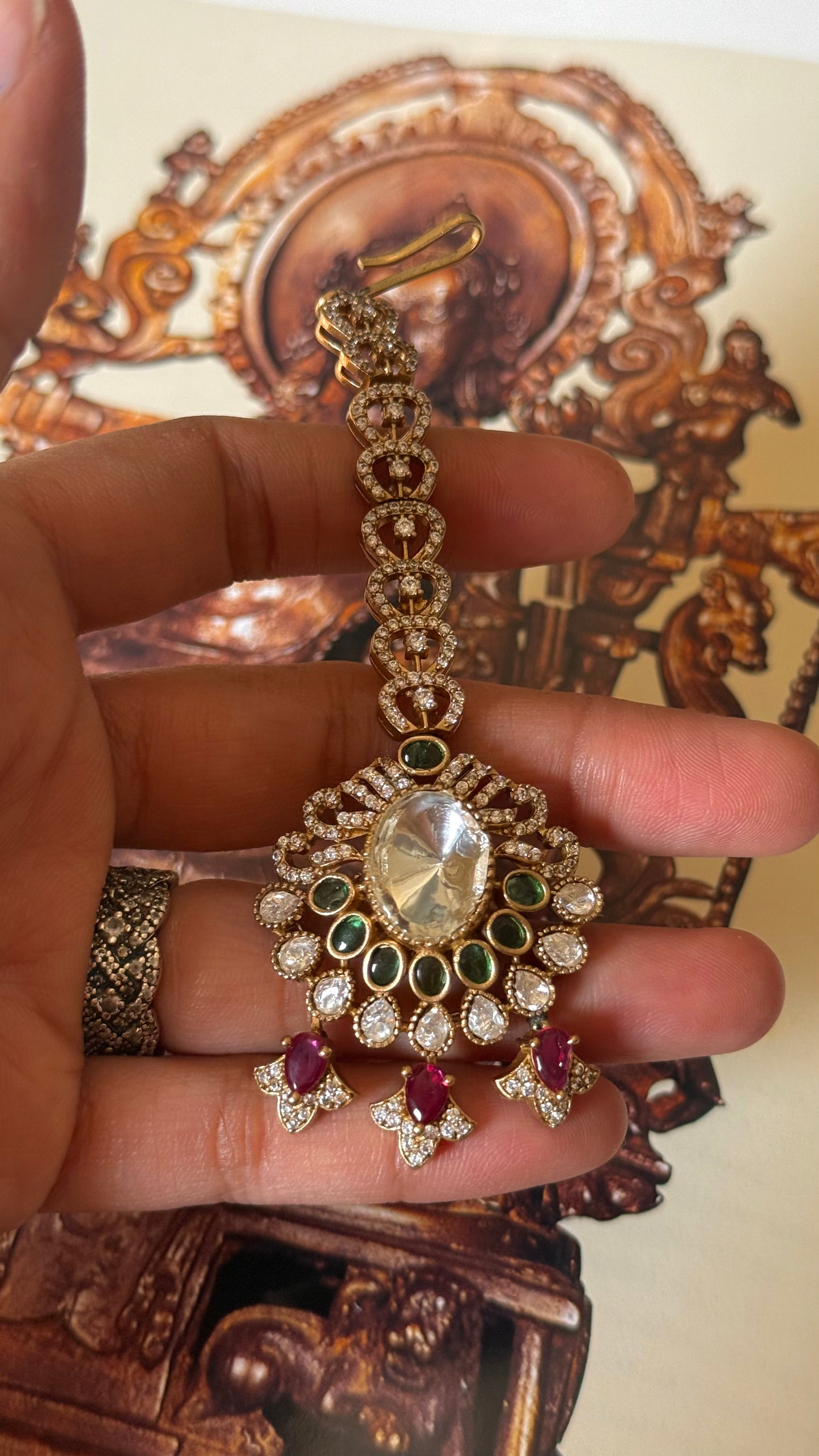 Emerald uncut polki maangtika with ruby drops