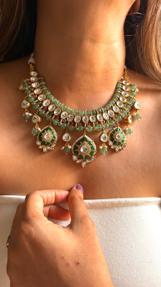 Mint rani pink doublet moissanite & emerald katdana collar set