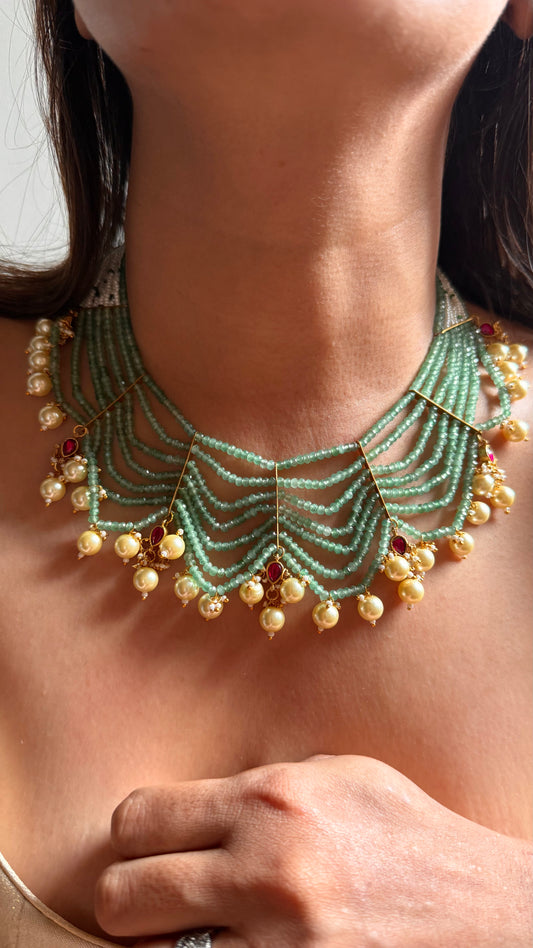 Mint 7 layer rajwada with pearl drop collar set