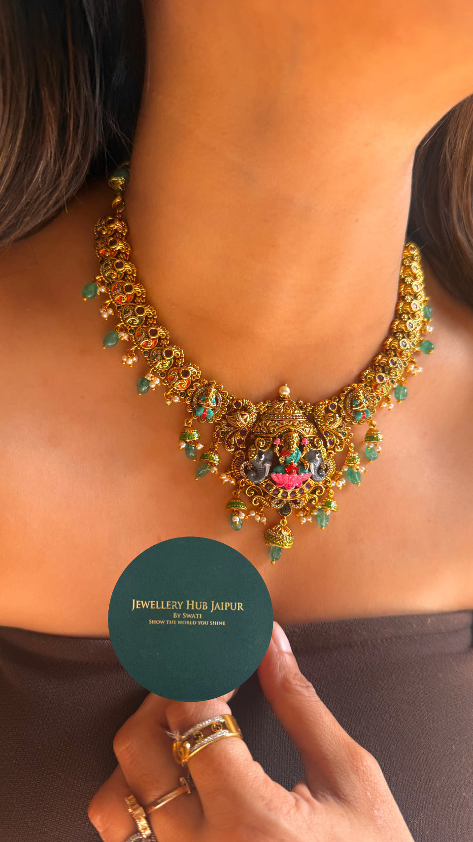 Goddess Laxmi emerald drop temple necklace