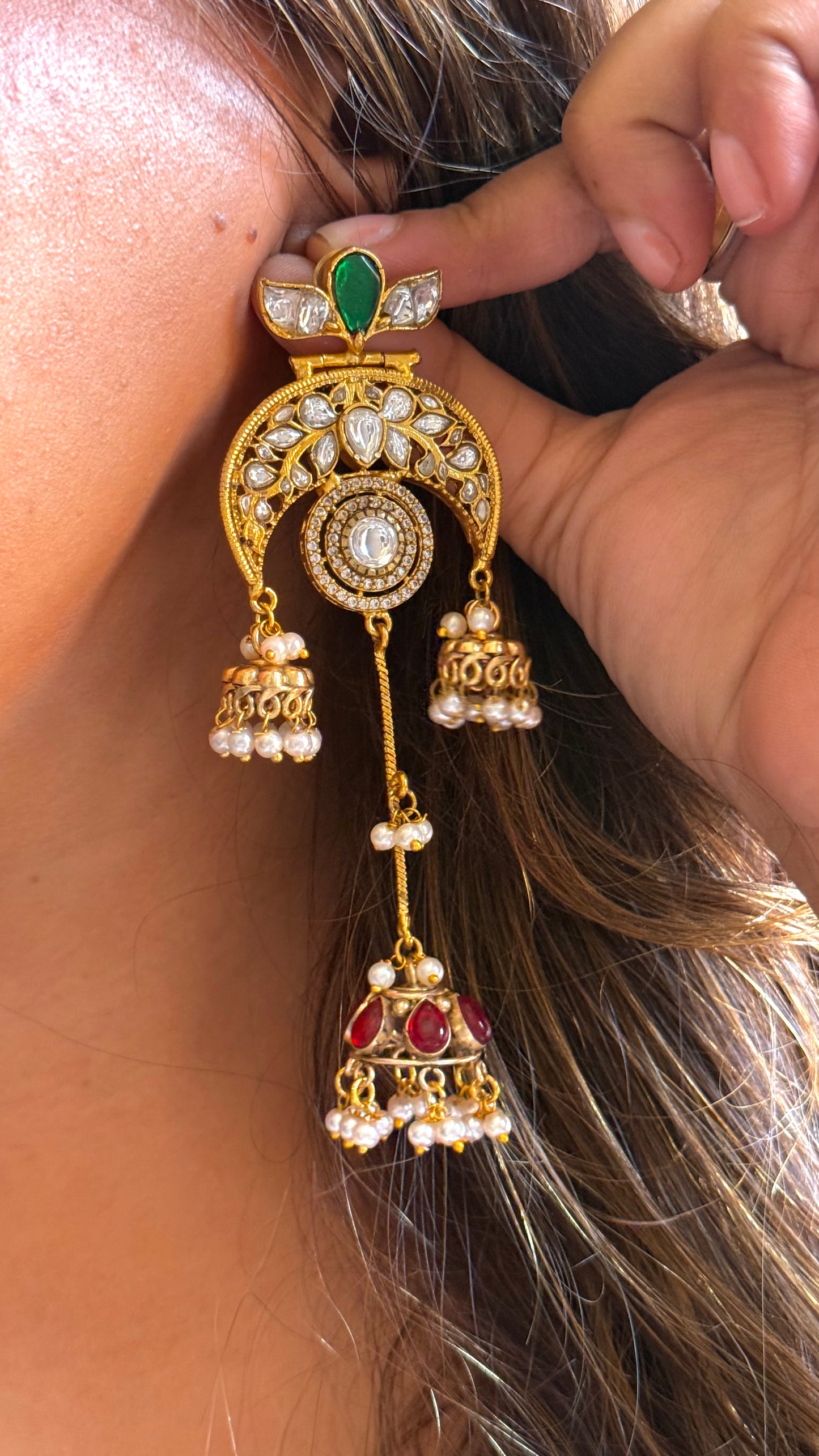 Amrapali inspired emerald ruby triple jhumki danglers