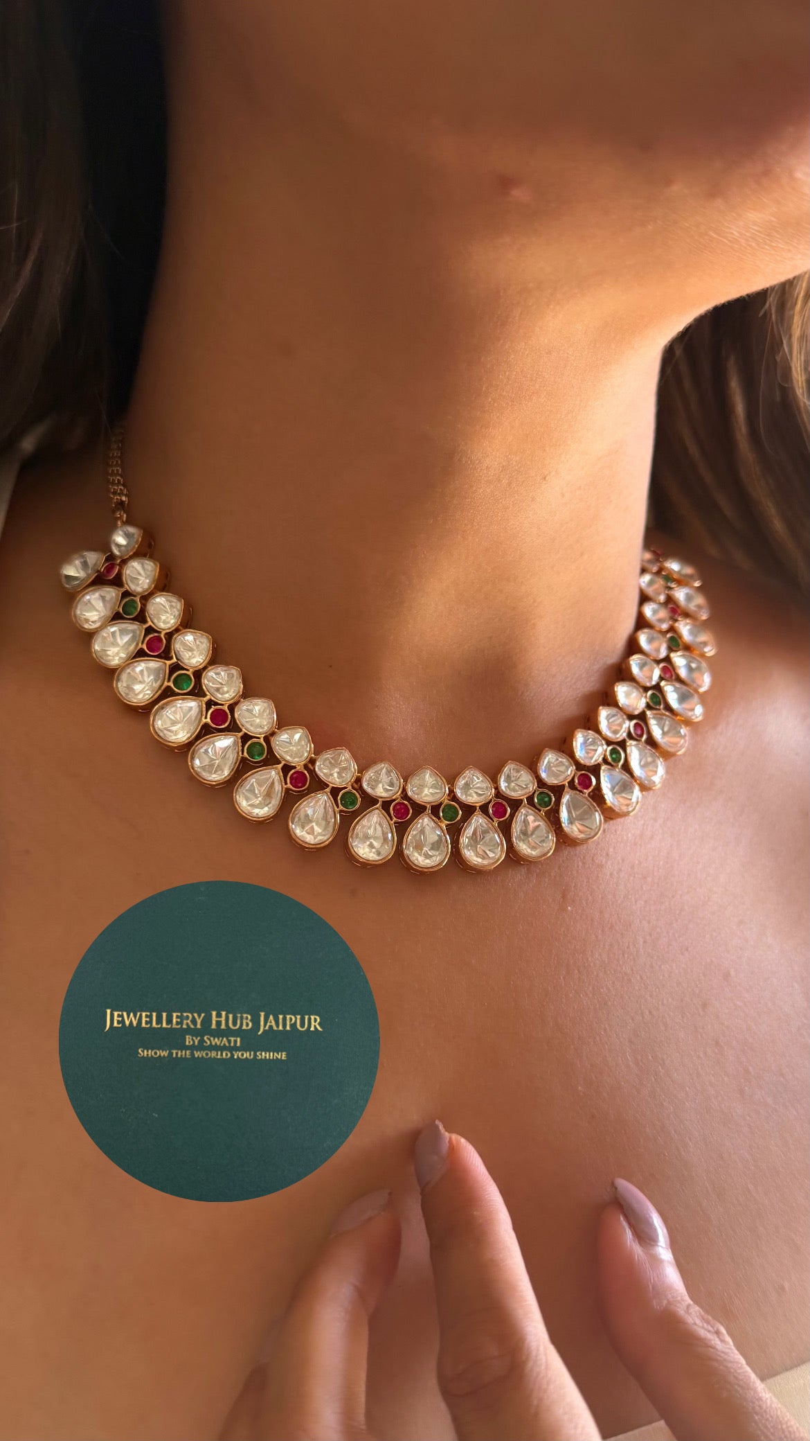 Ruh Moissanite heritage polki emerald ruby necklace with earrings