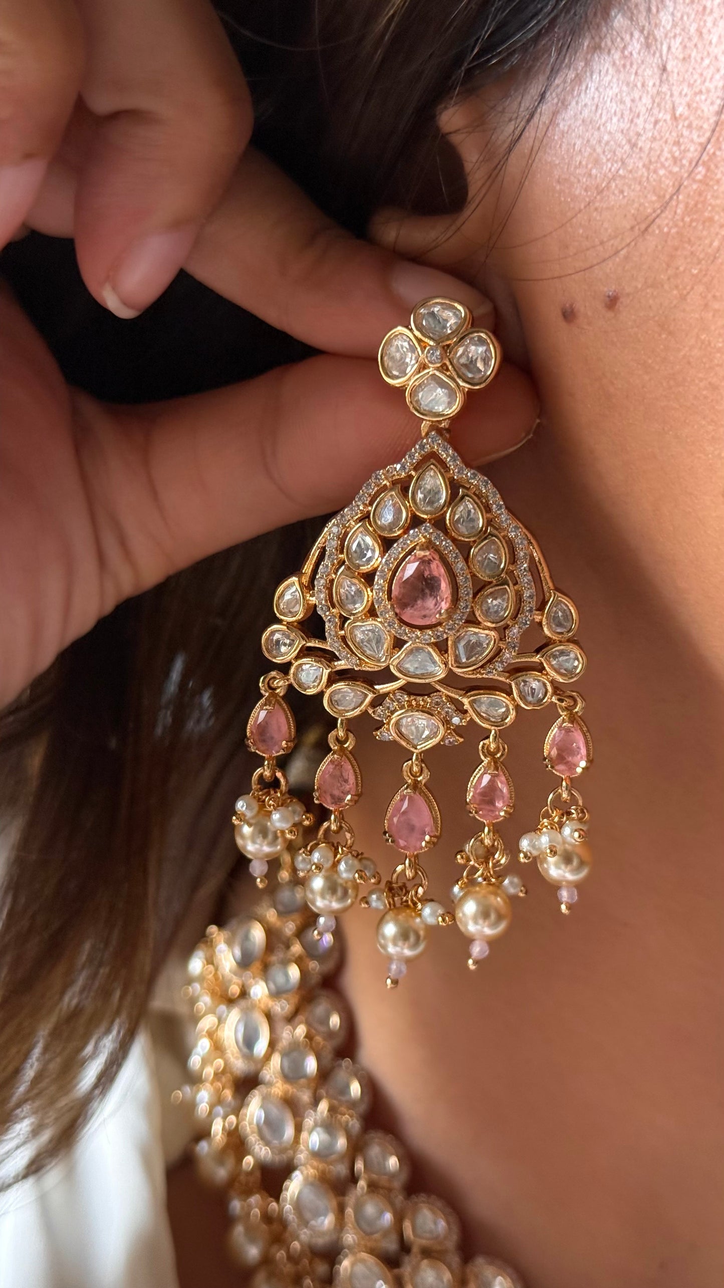 Rose quartz doublets & Moissanite polki Necklace with maangtika