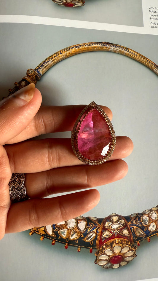 Rose quartz drop shape adjustment ring