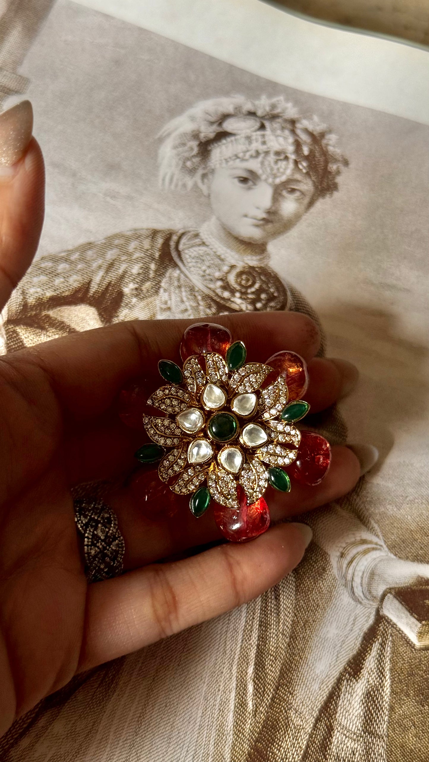 Ruby & emerald floral adjustable ring