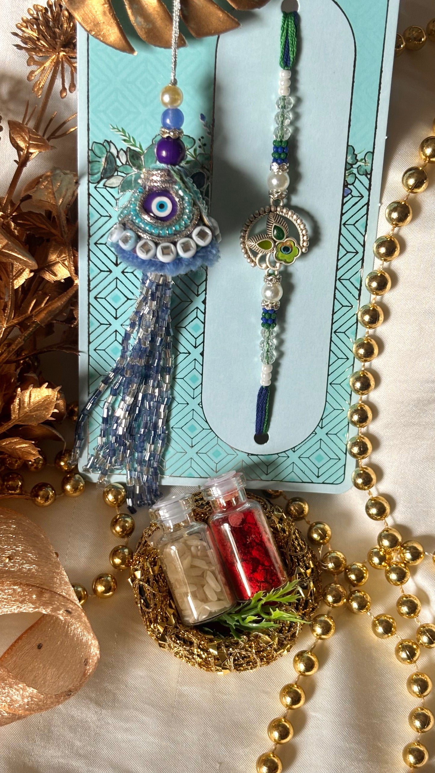 Evil eye lumba with morpankh couple rakhi Rakhi ( shipping will be extra )