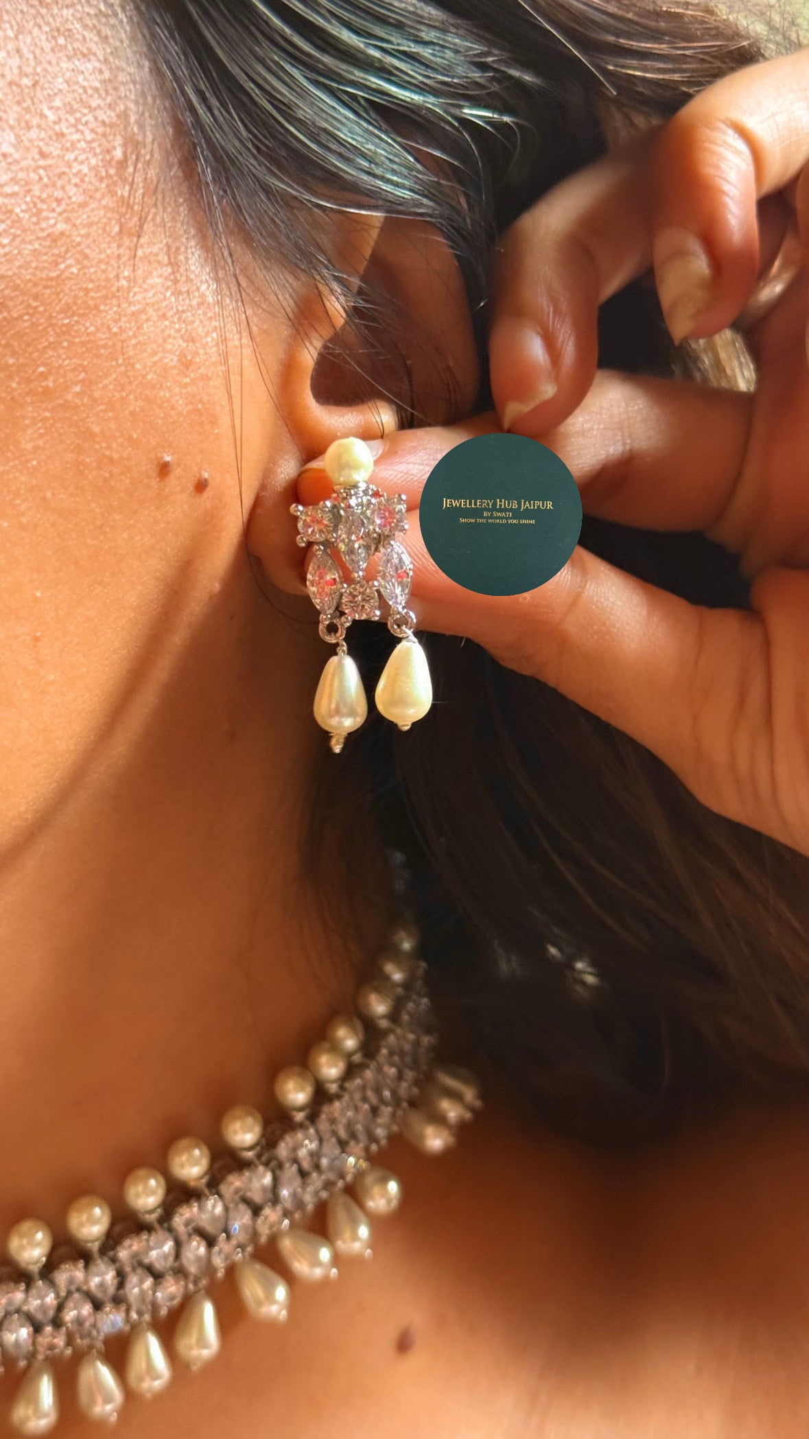Celeste Cz diamond with pearl drop choker set