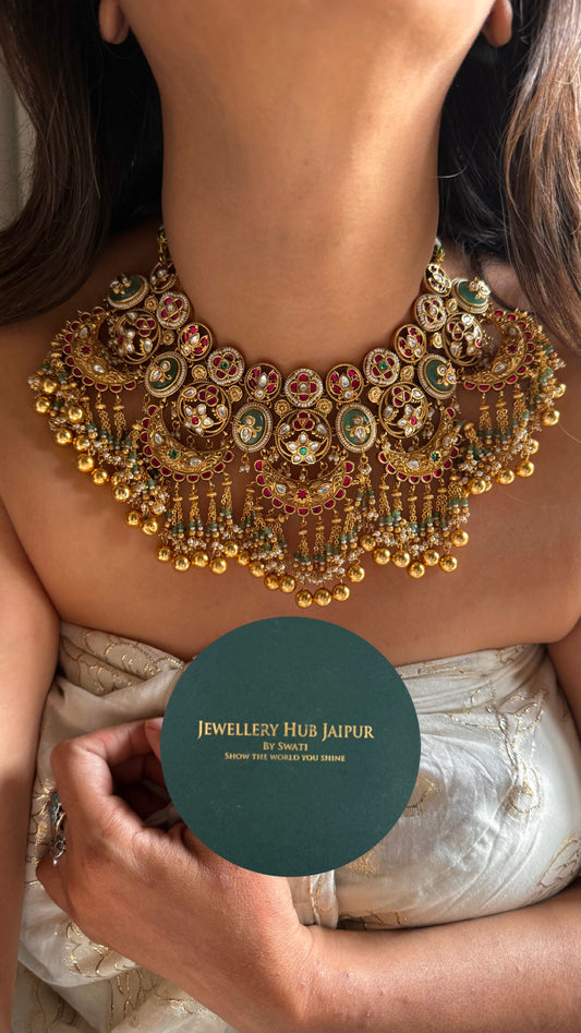 Ruby & mint heritage half moon rajwada Necklace