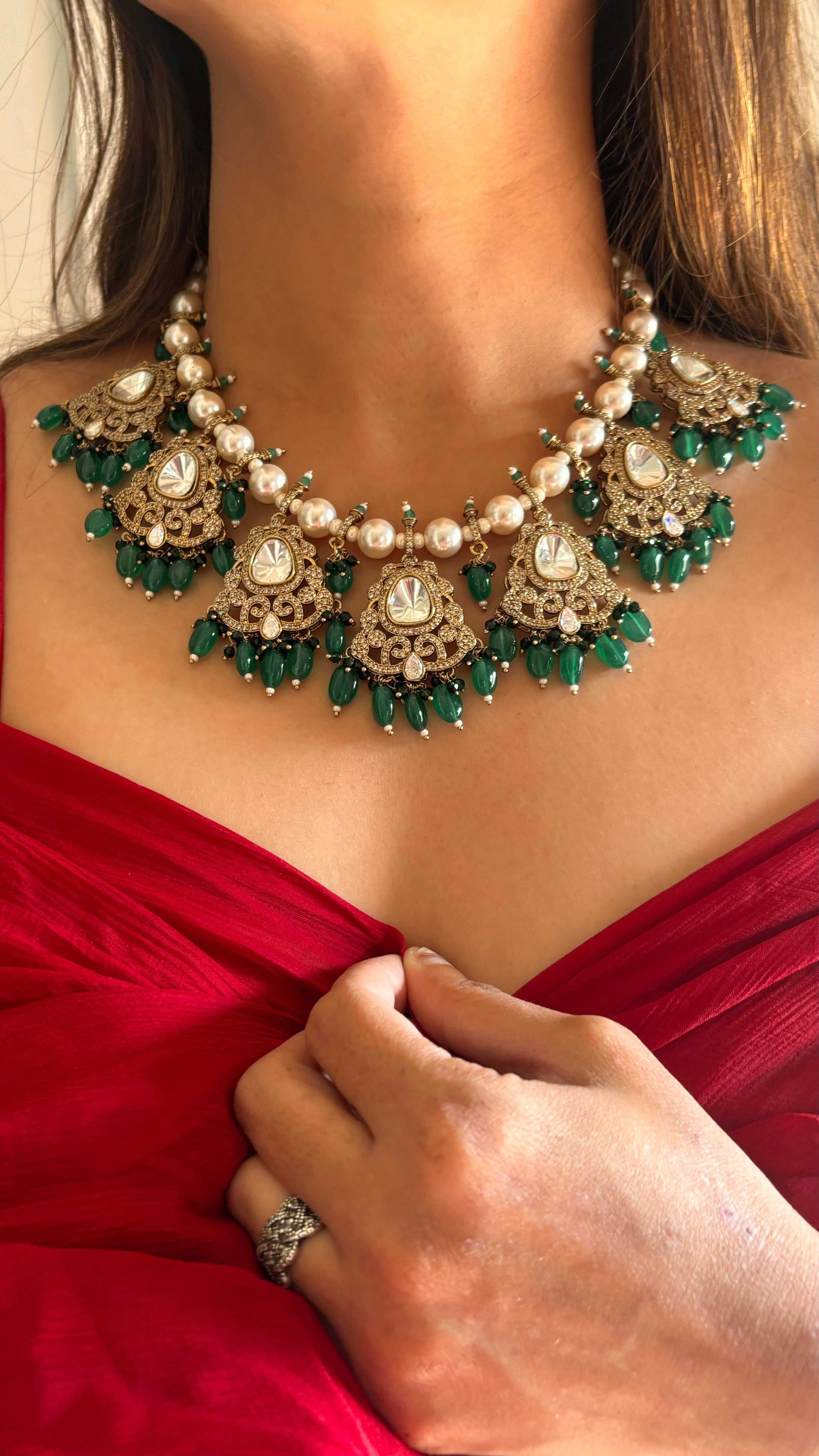 Emerald pearl victorian necklace