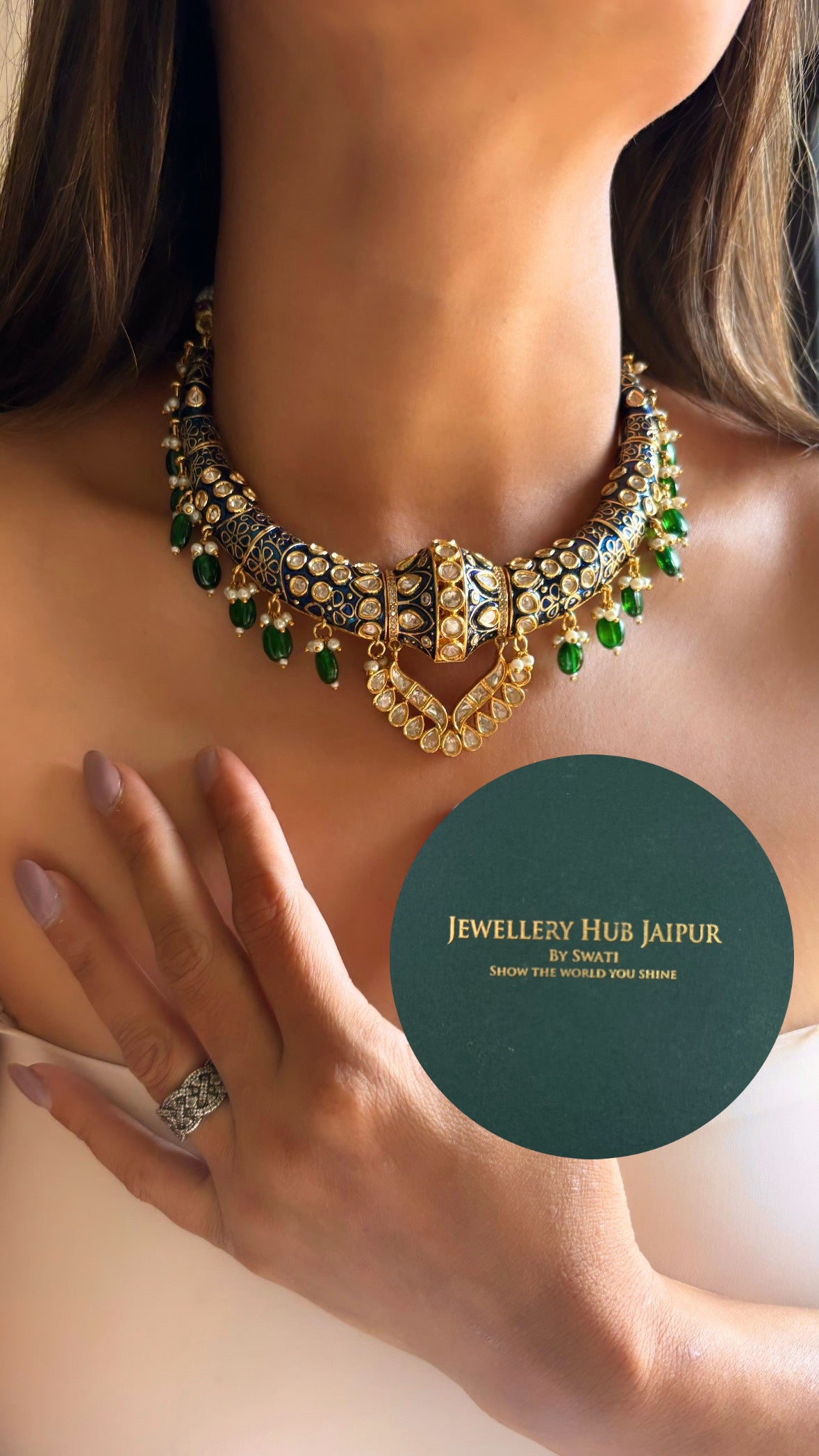 Rajwadi meenakari hasli in sapphire and emerald