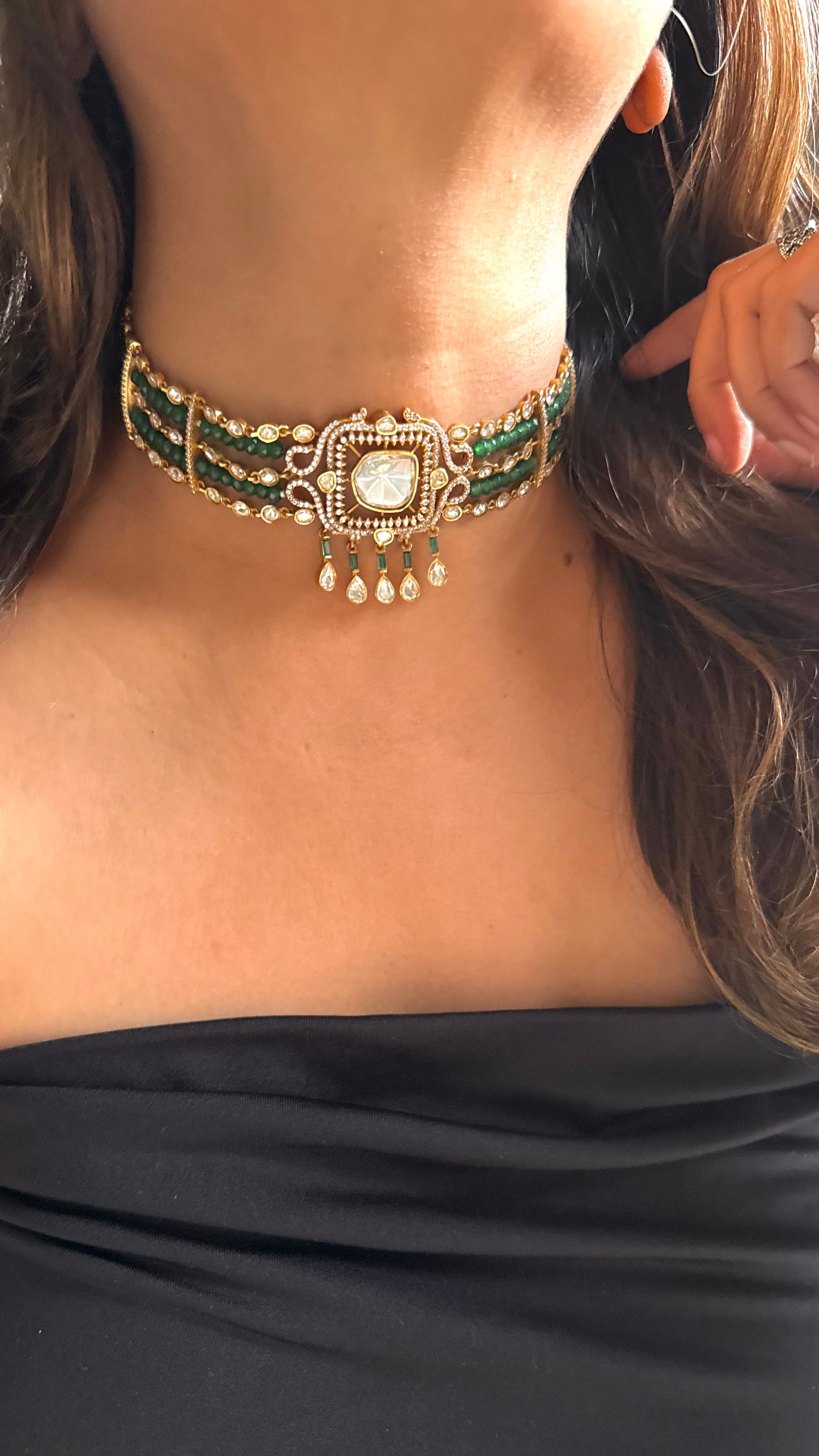 Emerald & Moissanite Uncut LV Polki choker