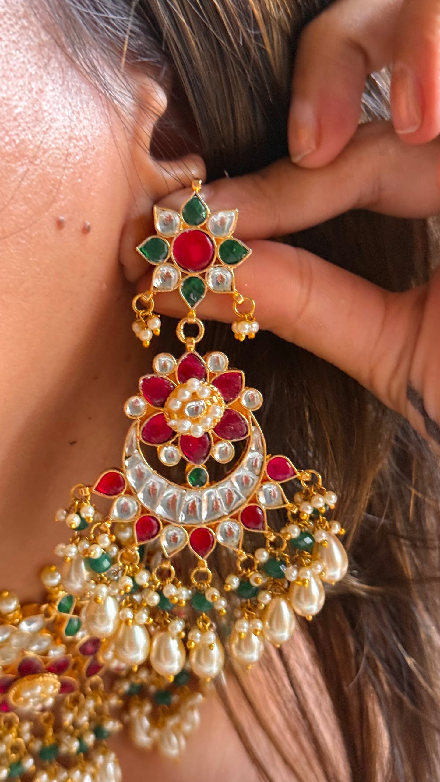 Emerald & ruby Paachi Kundan with tear drops choker necklace