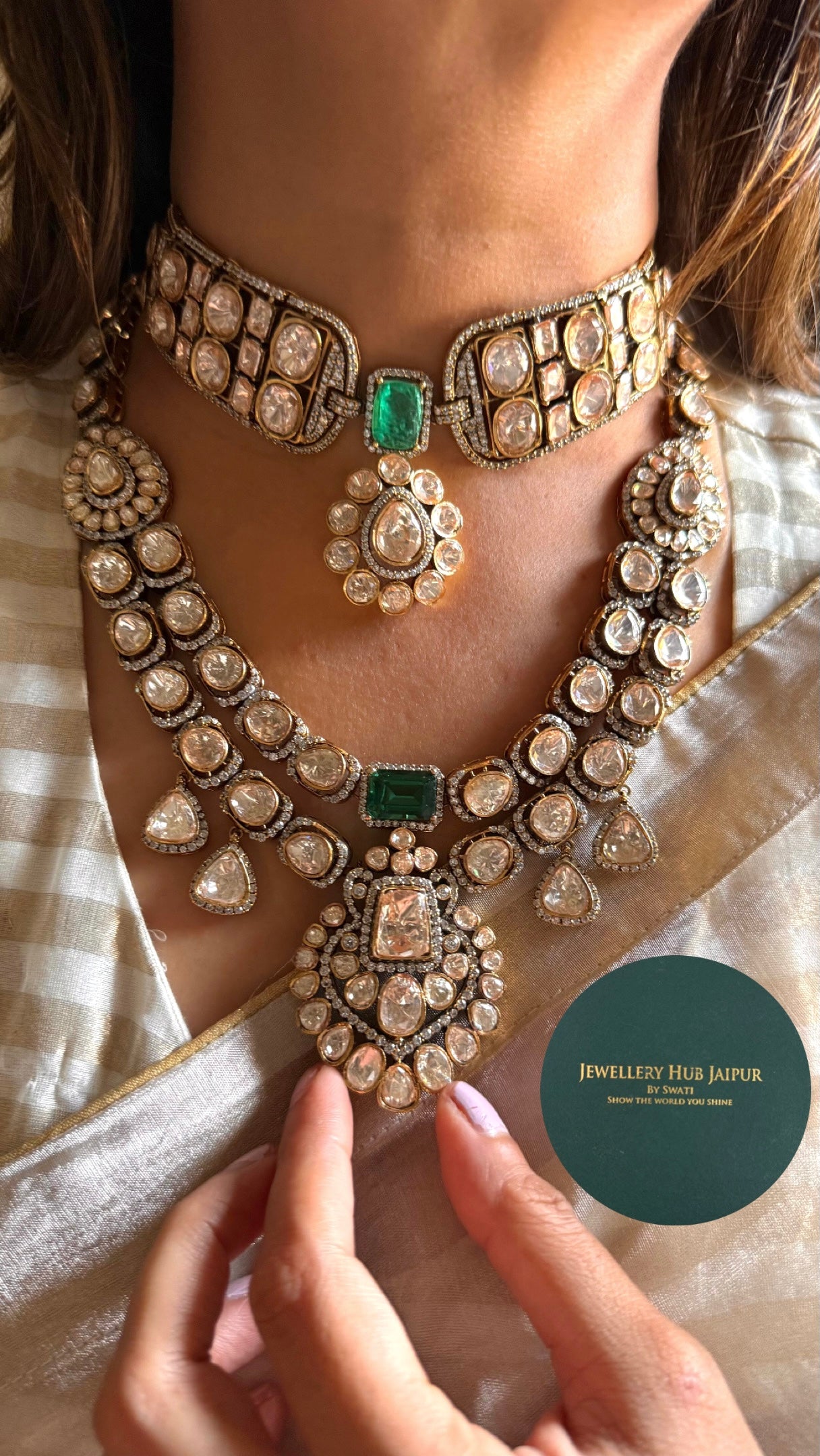 Emerald & mint doublets peeli polki combo Necklace