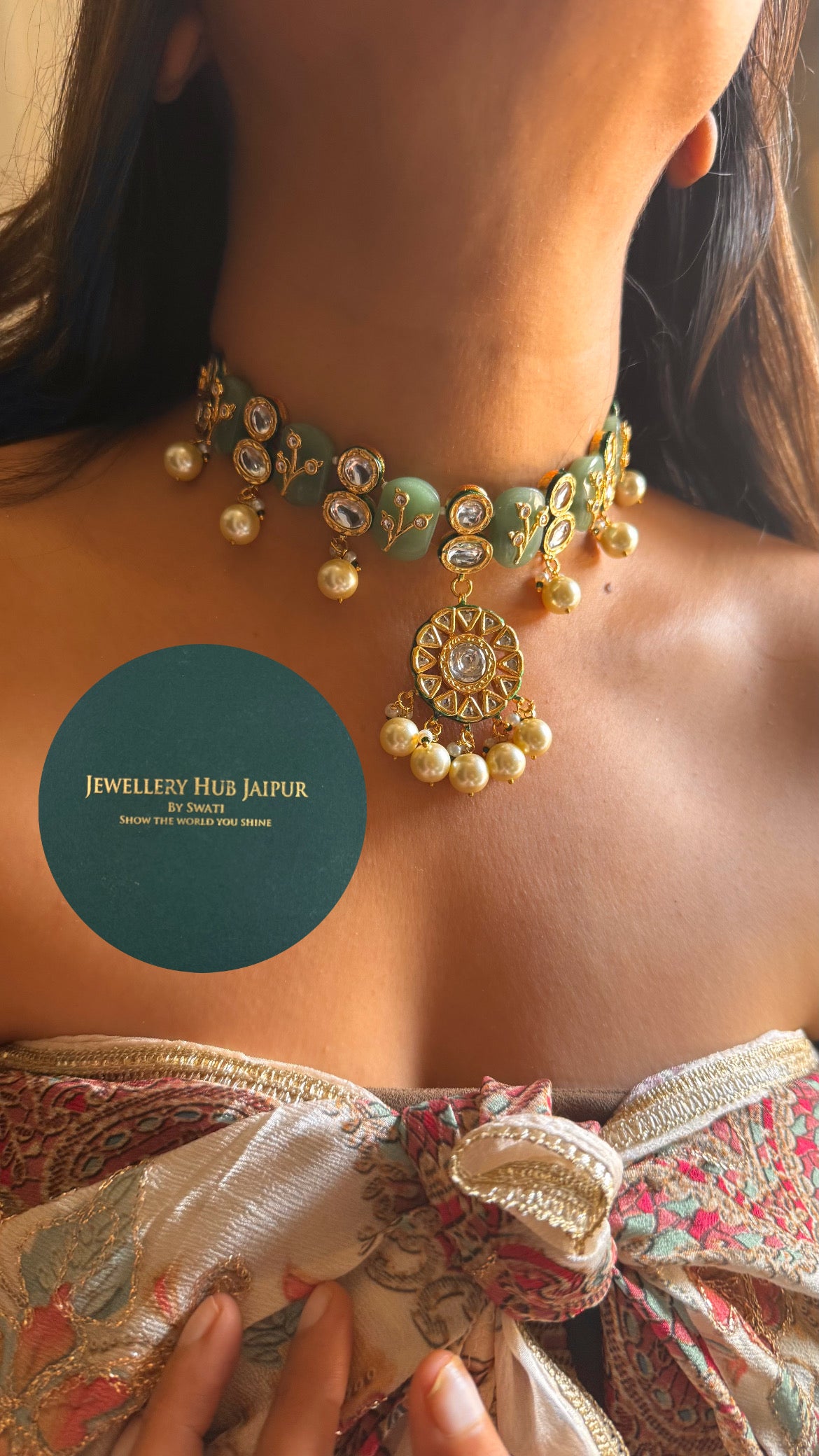 Mint inlay work & emerald meenakari paachi with pearl drop choker set