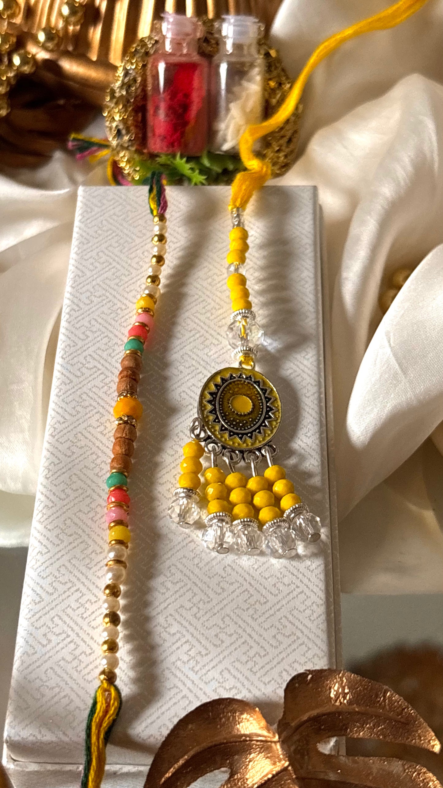 Bhaiya bhabhi lumba topaz nakashi oxidised rakhi ( shipping will be extra )