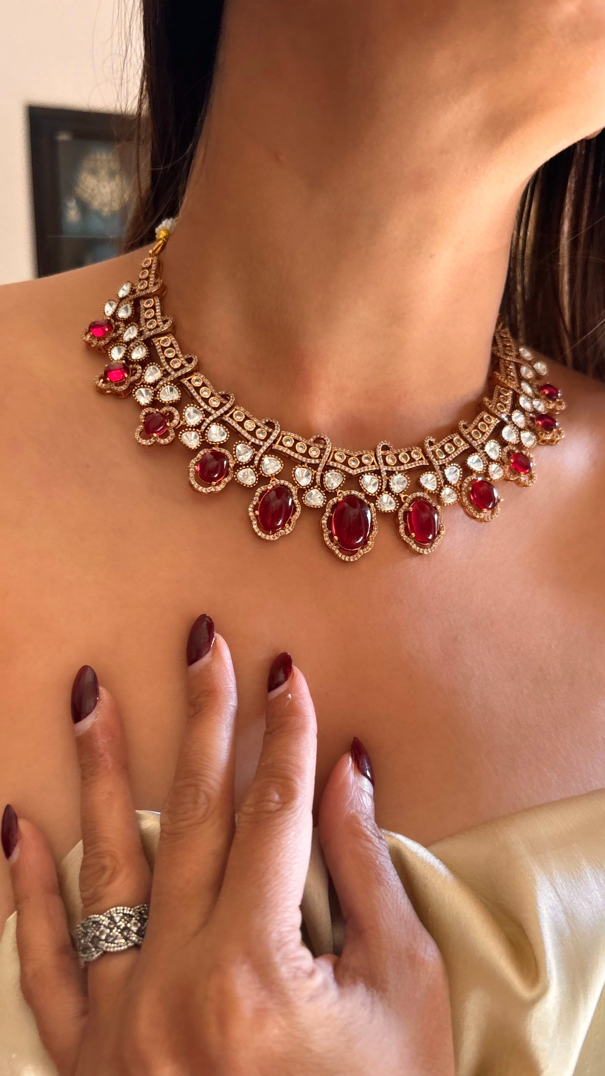 Ruby Moissanite designer collar necklace with earrings