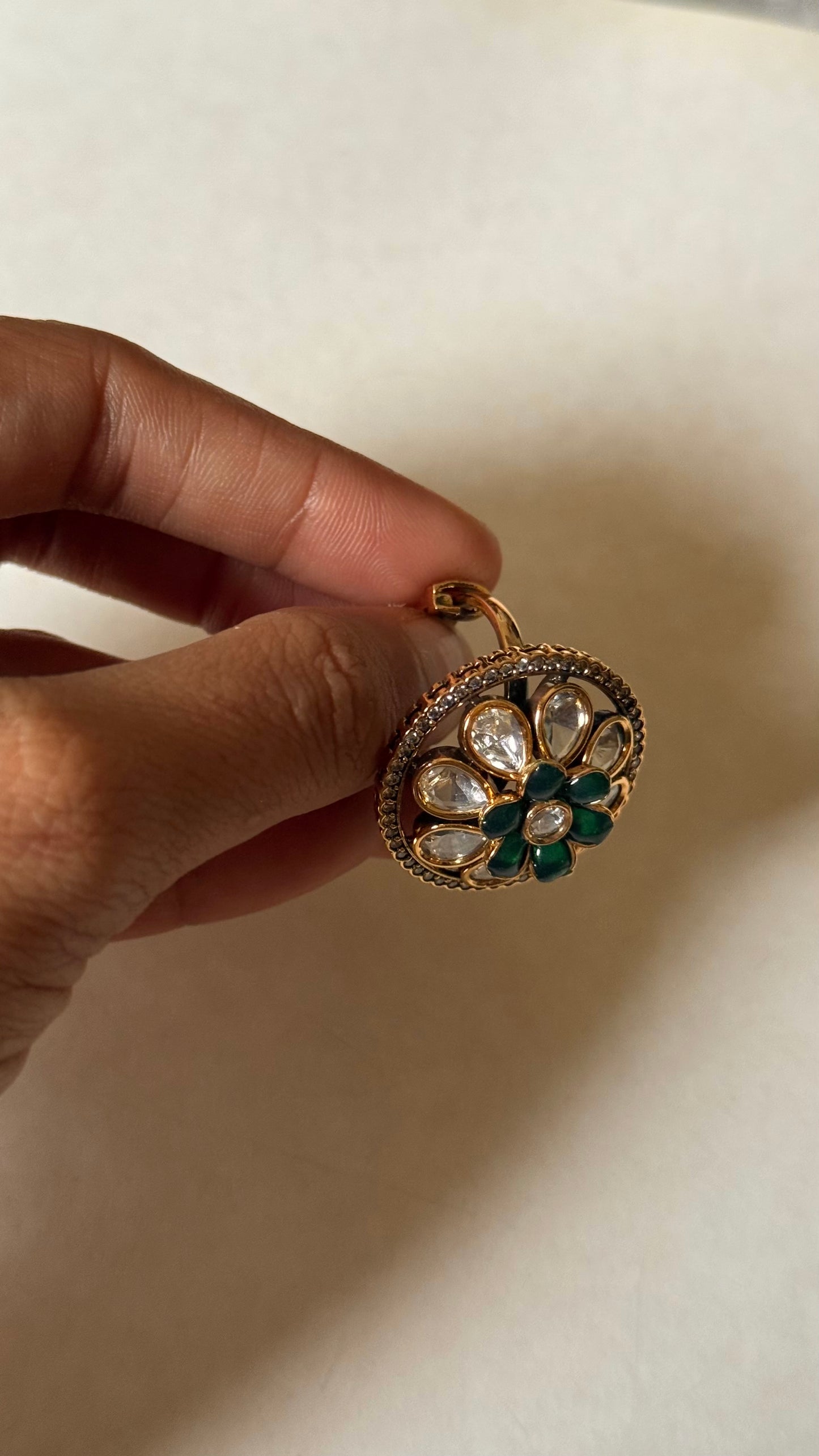 Emerald & moissanite floral adjustable ring