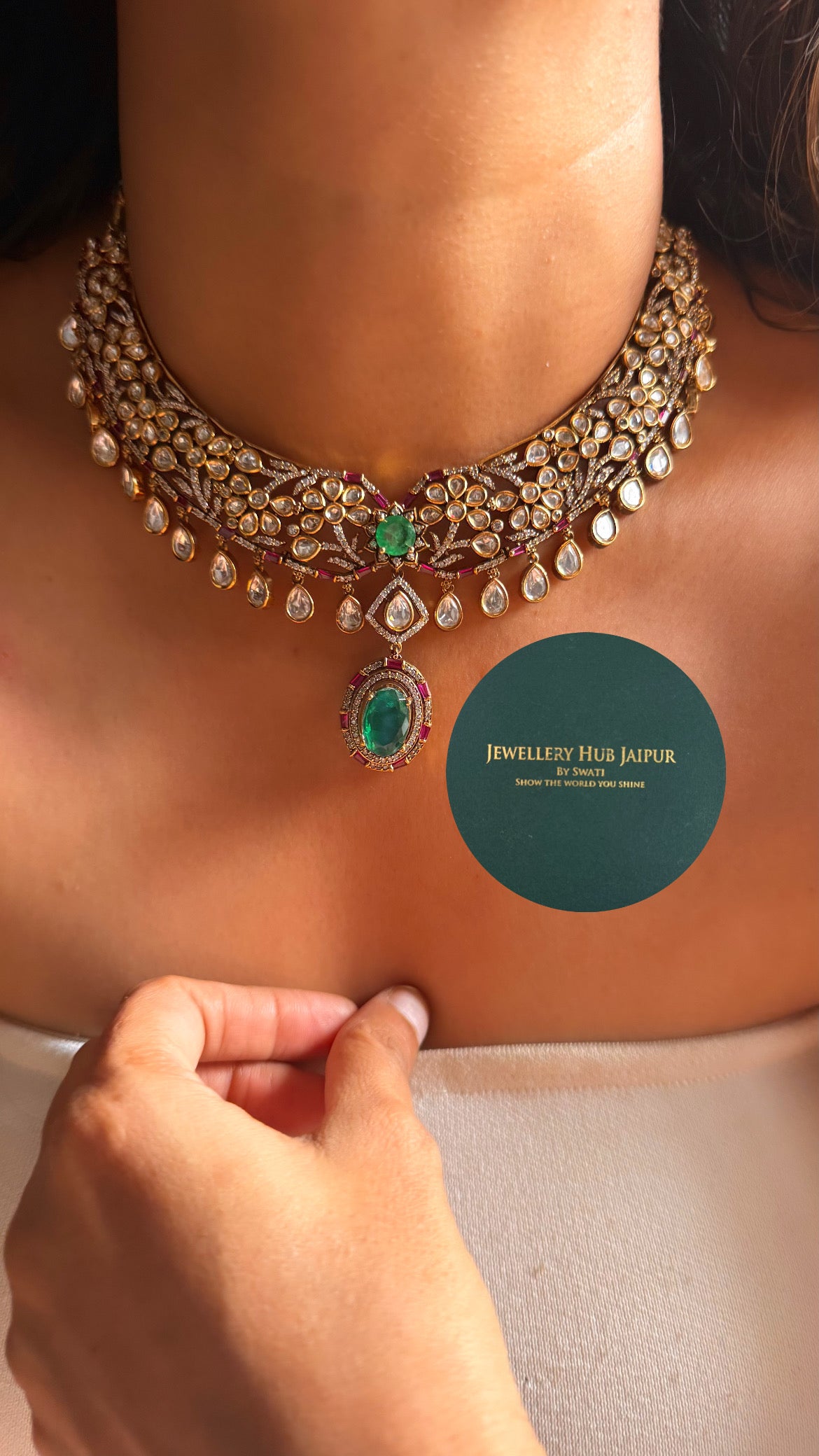 Emerald doublet & rani pink moissanite floral designer collar set