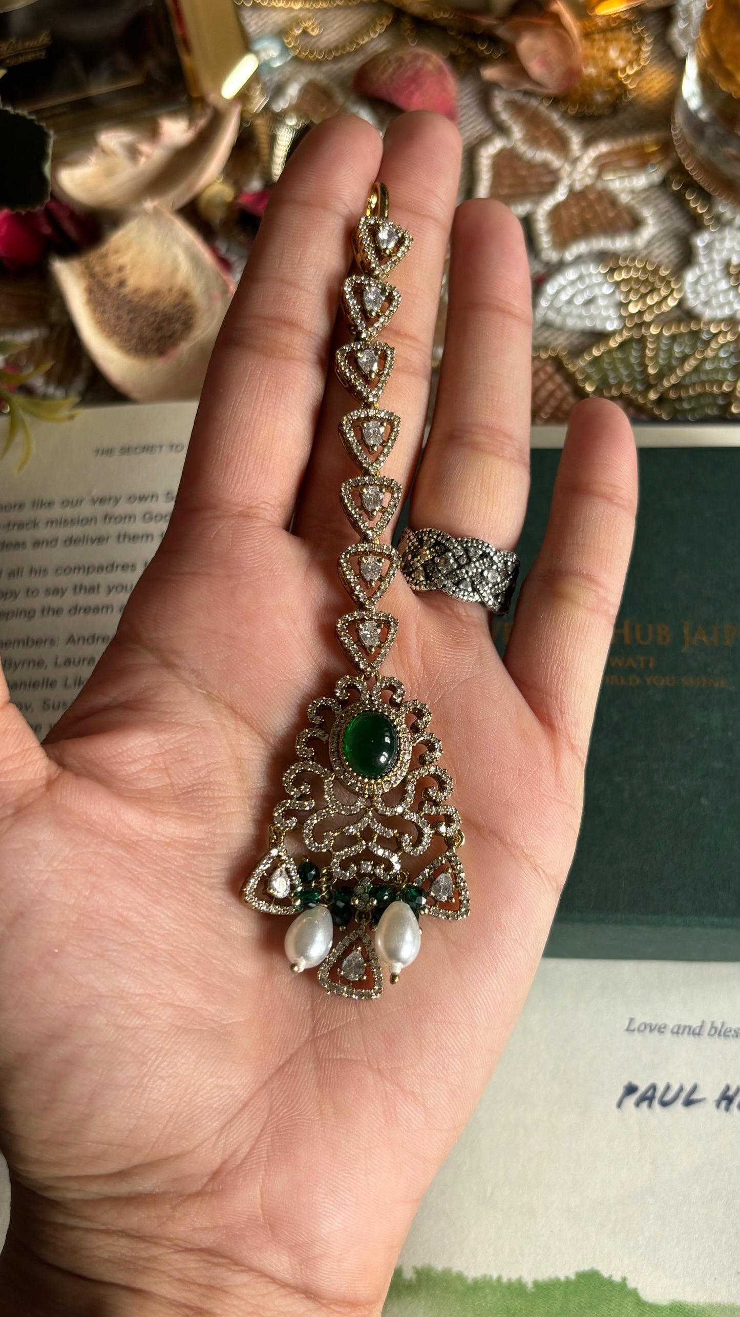 Victorian emerald, and diamond pearl drop maangtika