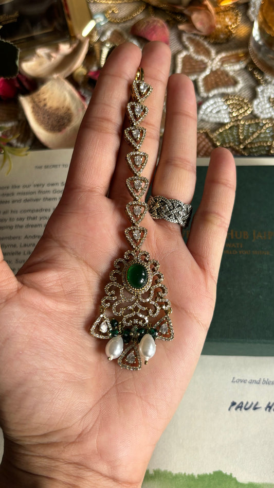 Victorian emerald, and diamond pearl drop maangtika