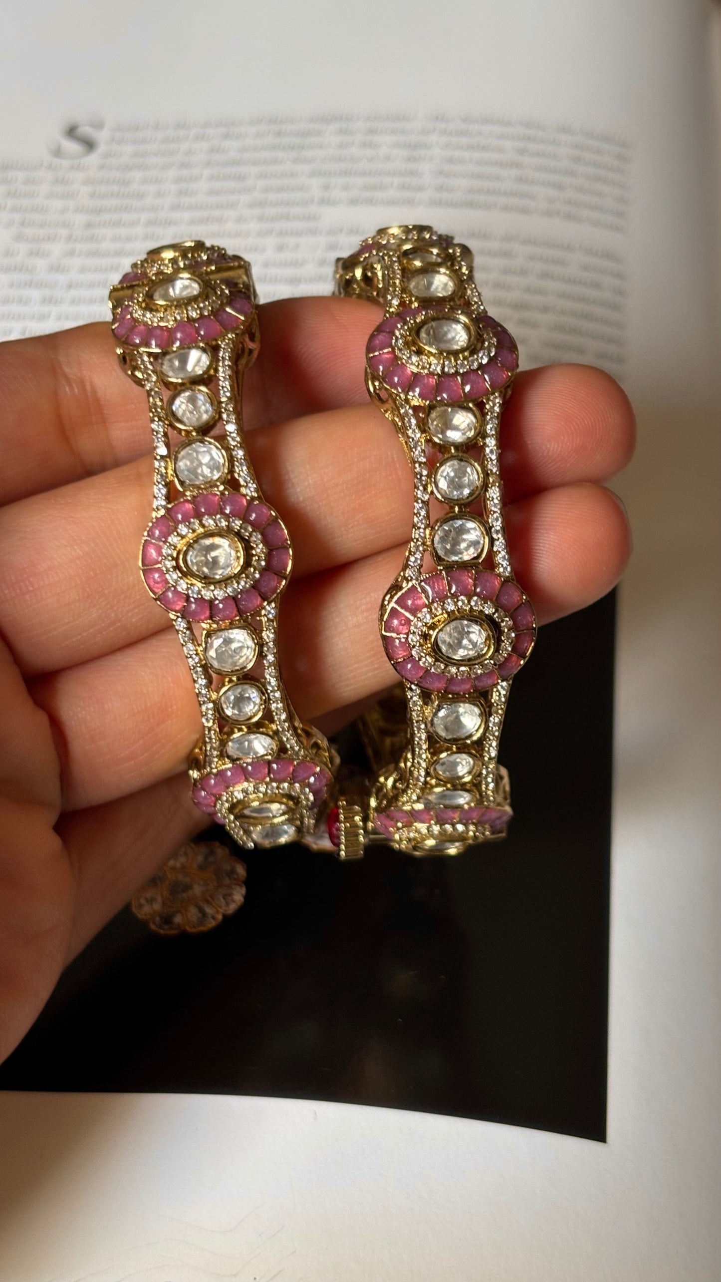Rose quartz katdana with moissanite polki openable bangles
