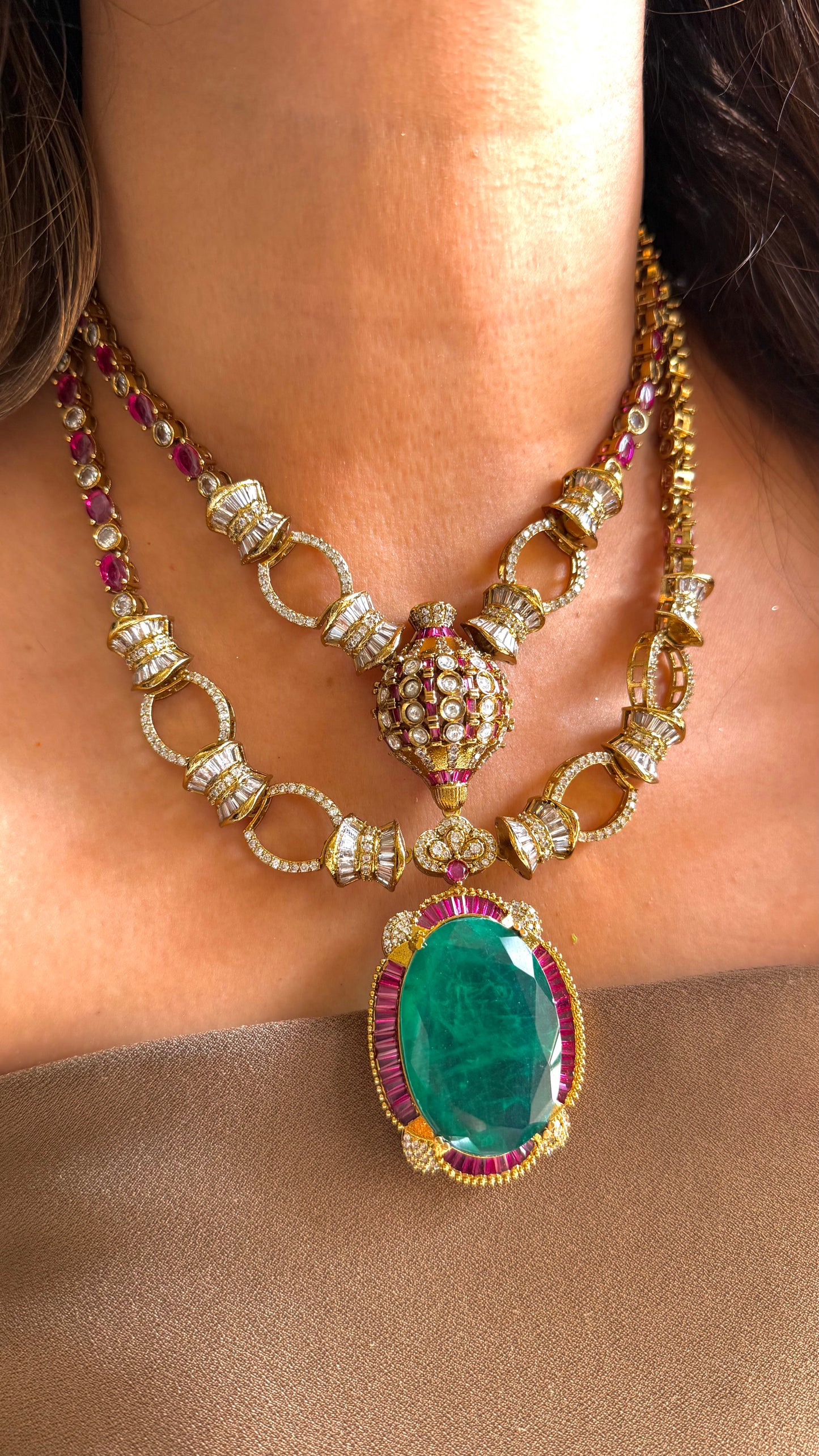 Emerald doublet & Rani Pink designer dual line Necklace