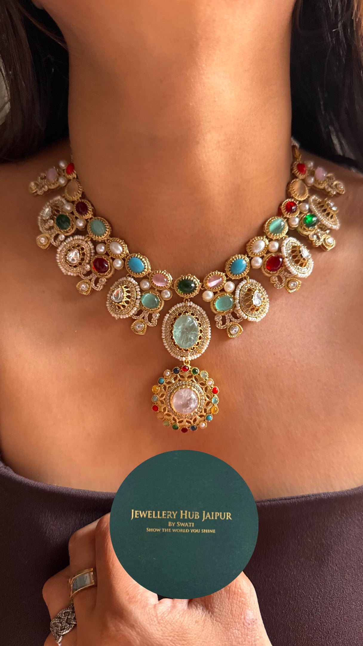 Sabyasachi inspired navratna ( rose quartz ) necklace