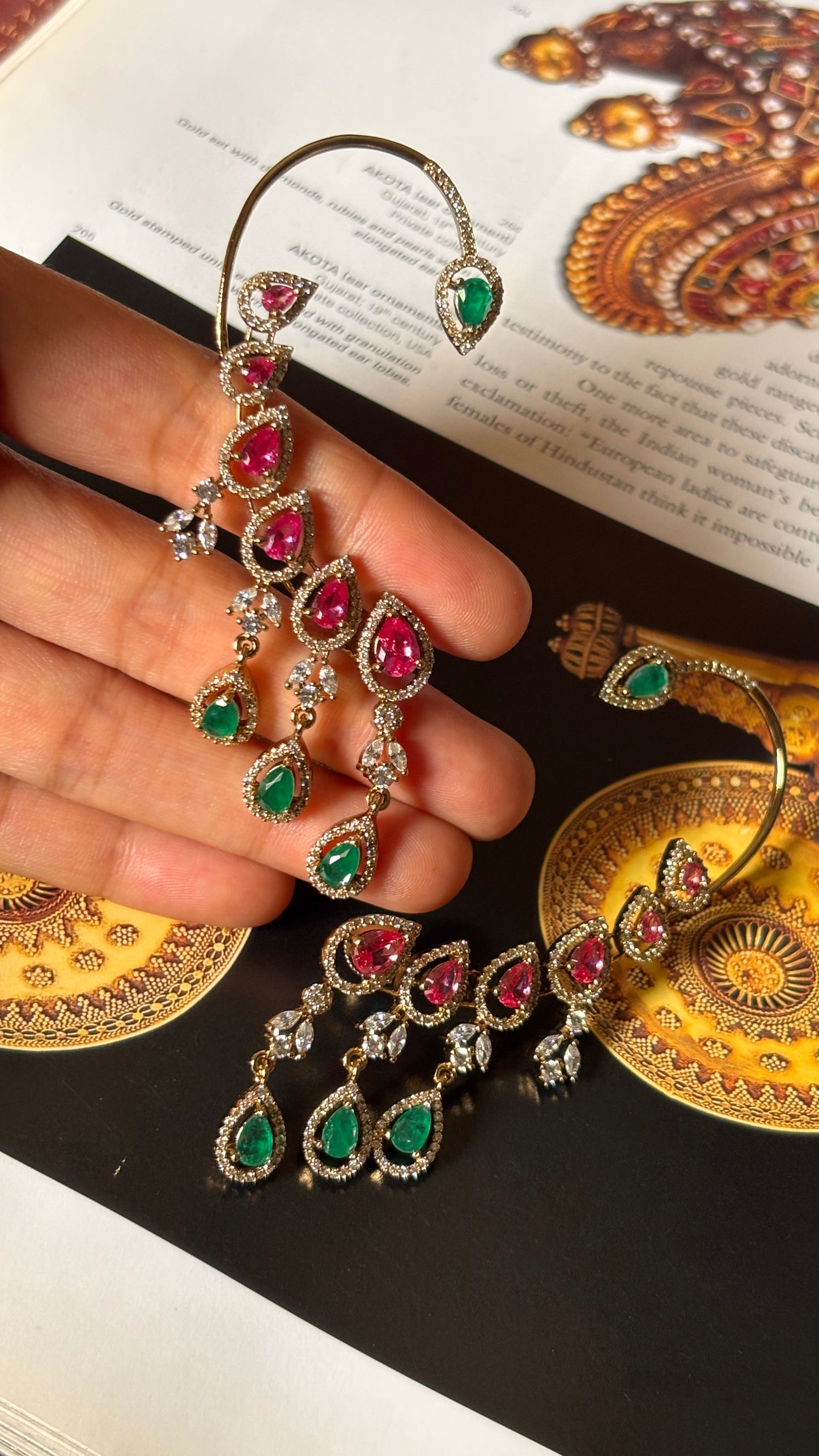 Rani pink & emerald doublets with cz diamond earcuff earrings